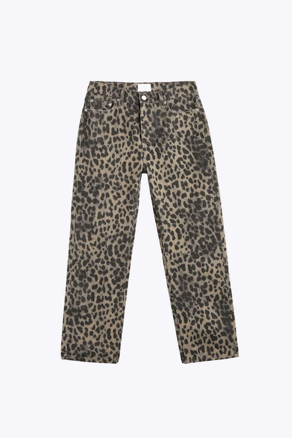 Produit Jean droit Mikuta en denim imprimé léopard. Vue face. 