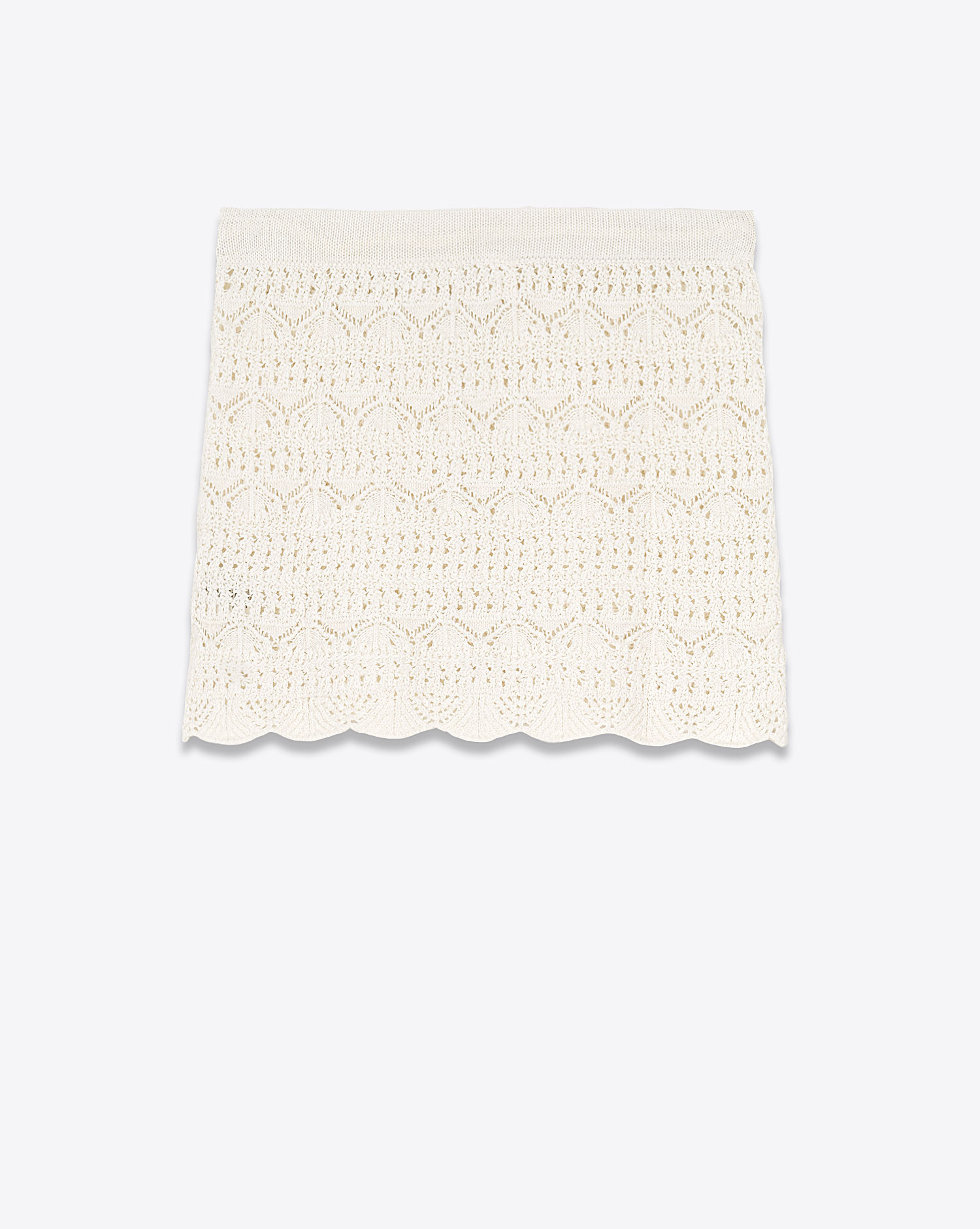 Mini-jupe en crochet écru en lin et coton Mikuta. Dos.