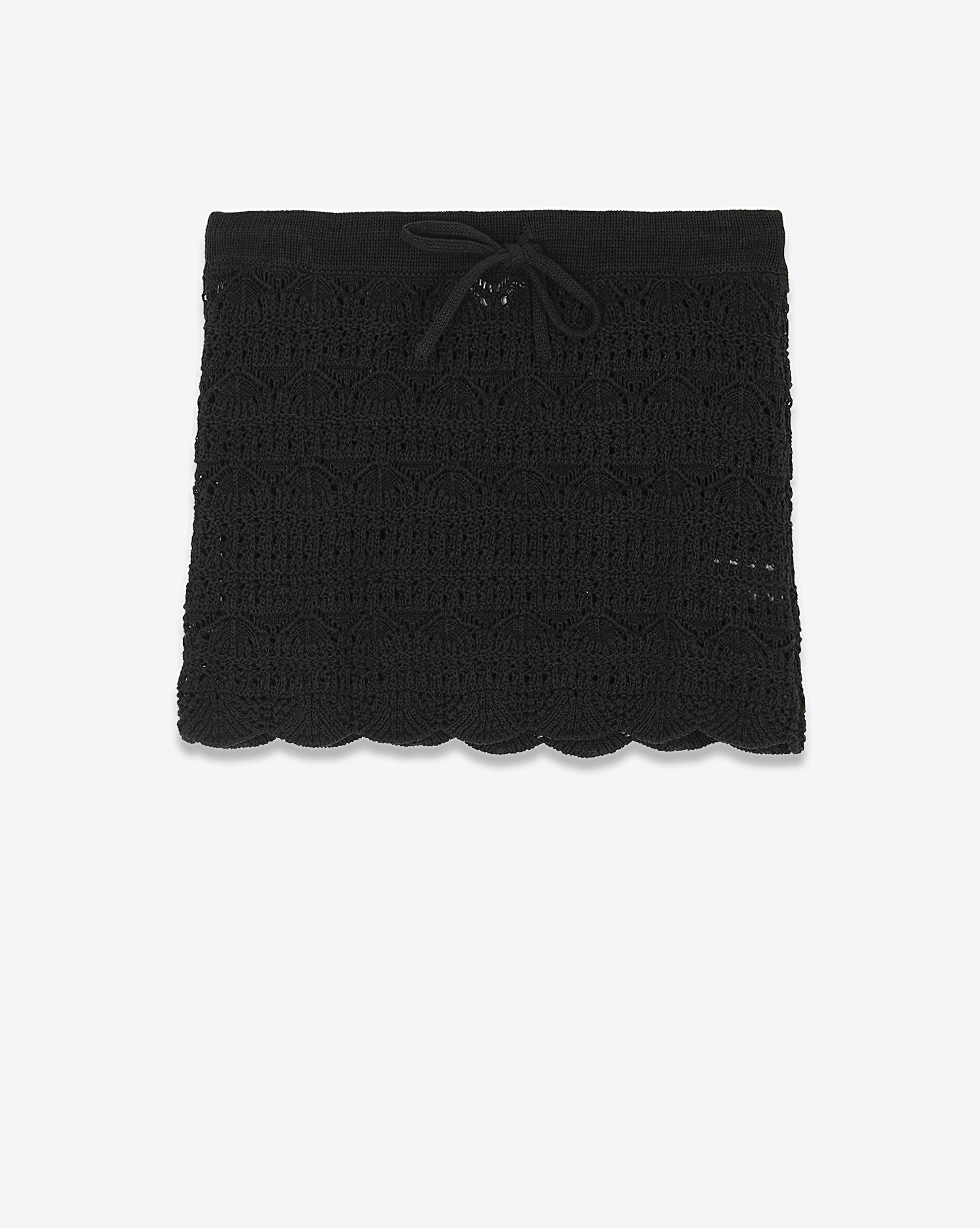 Mini-jupe en crochet noir en lin et coton Mikuta. Face.