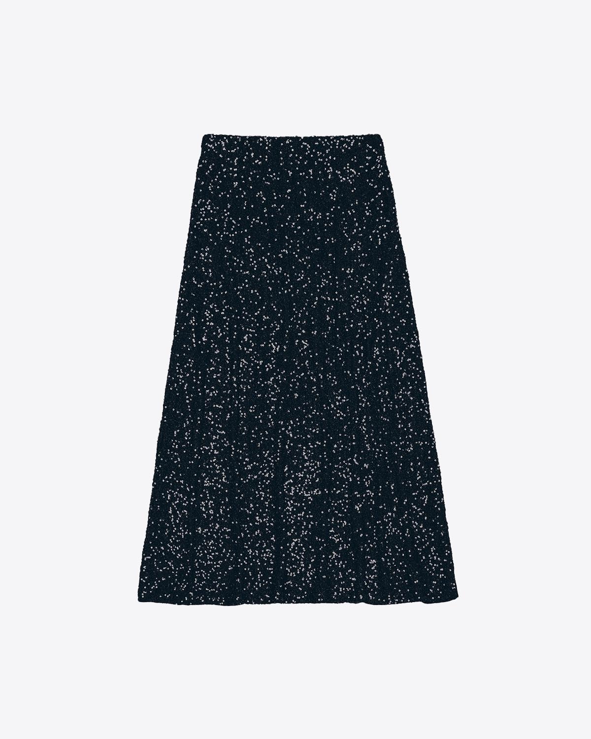 Produit Jupe midi évasée à paillettes noires Mikuta. Vue de face.