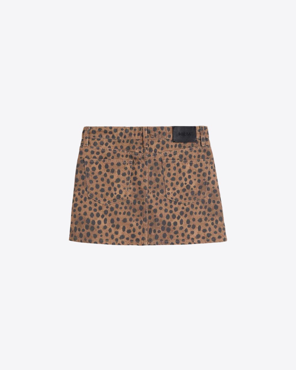 Mini-jupe en jean imprimée léopard marron Mikuta. Vue de dos.