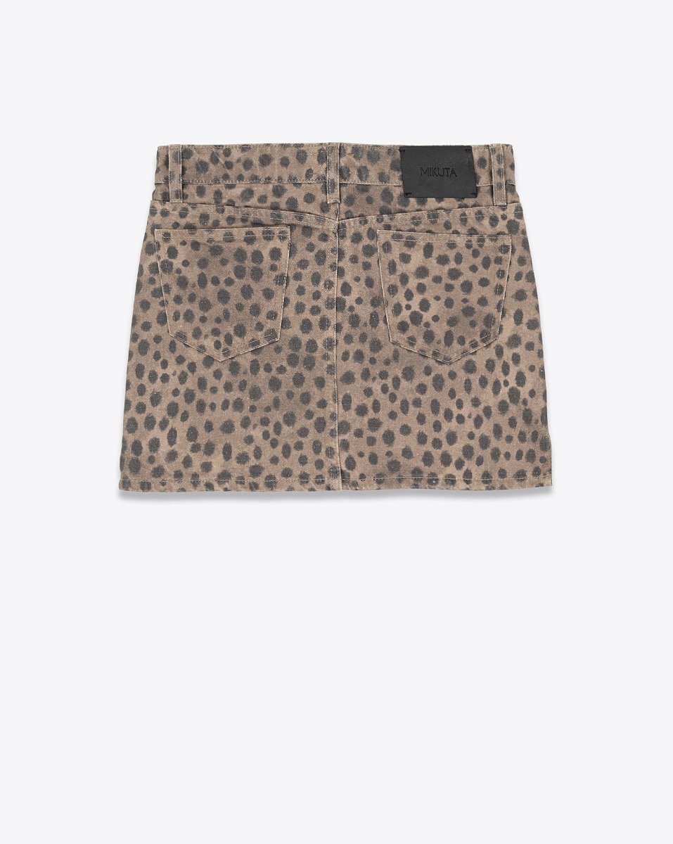 Mini-jupe en jean imprim&eacute;e l&eacute;opard marron Mikuta. Vue de dos.