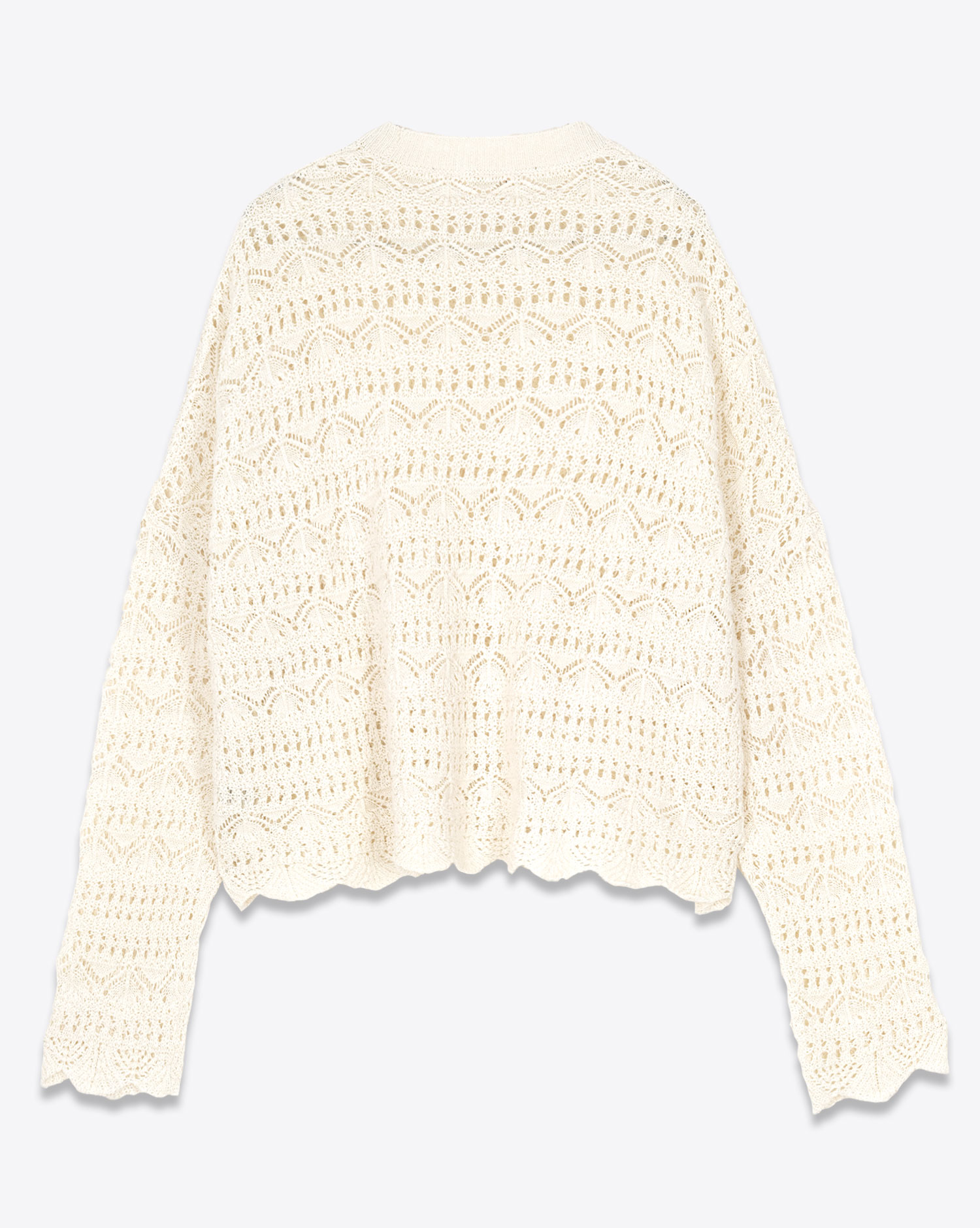 Pull oversize col rond manches longues en crochet écru Mikuta. Dos.