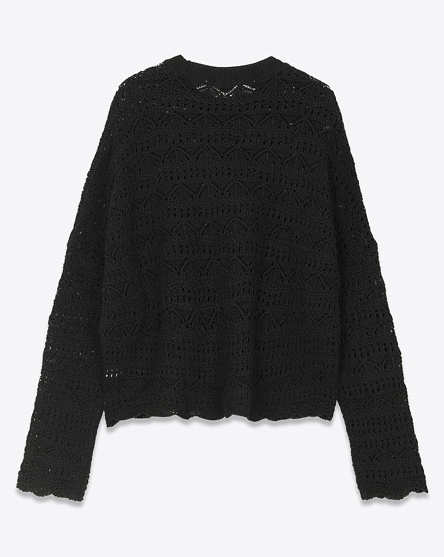 Pull col rond manches longues en crochet noir en lin et coton Mikuta. Dos.