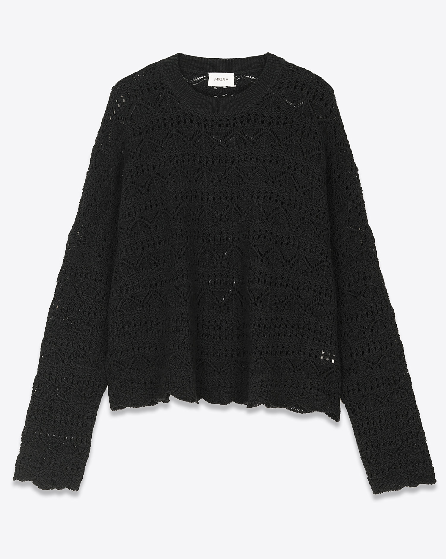 Pull col rond manches longues en crochet noir en lin et coton Mikuta. Face.