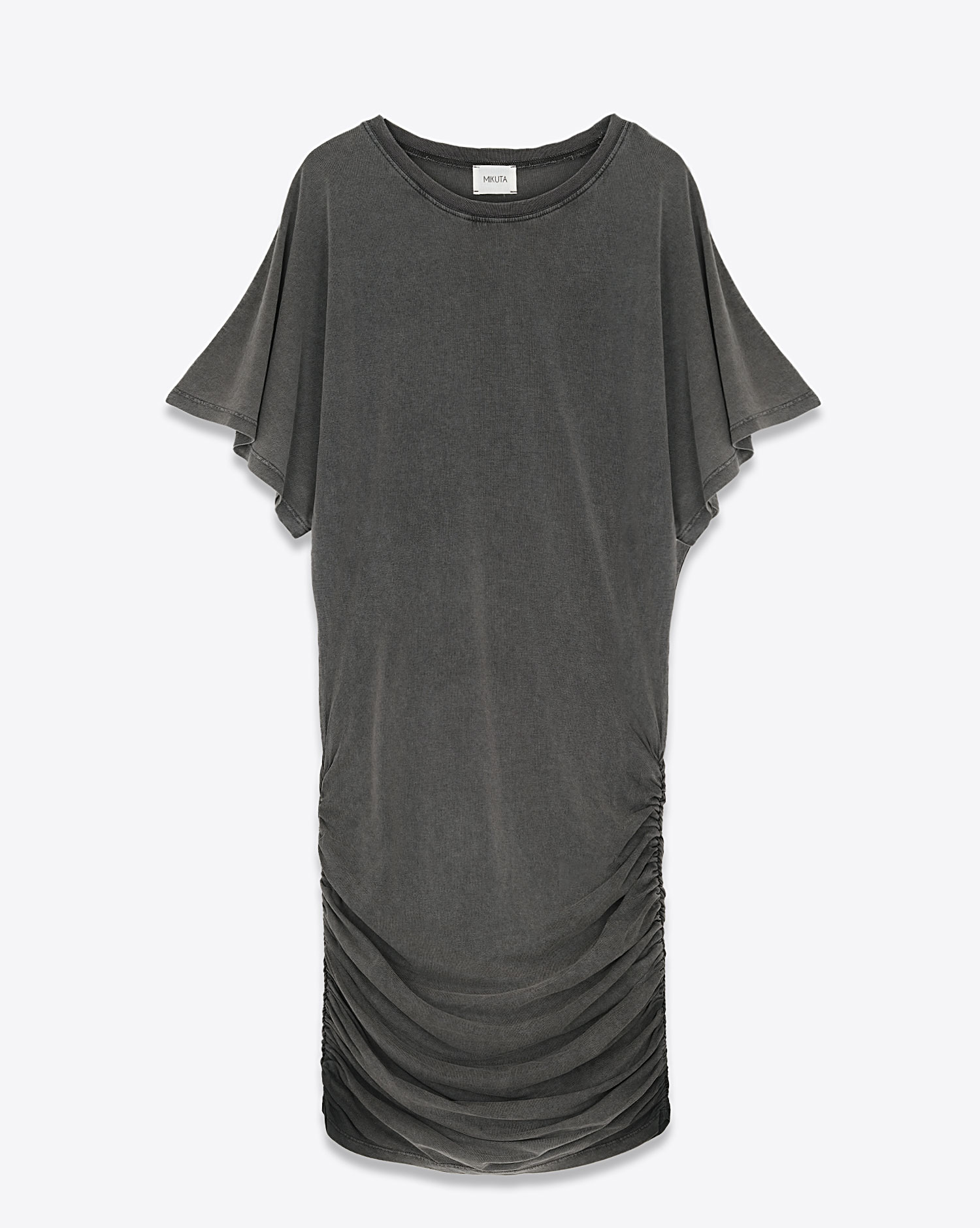 Mini-robe drapée sur les hanches manches courtes pagode en lyocell et coton gris anthracite Mikuta. Face. 