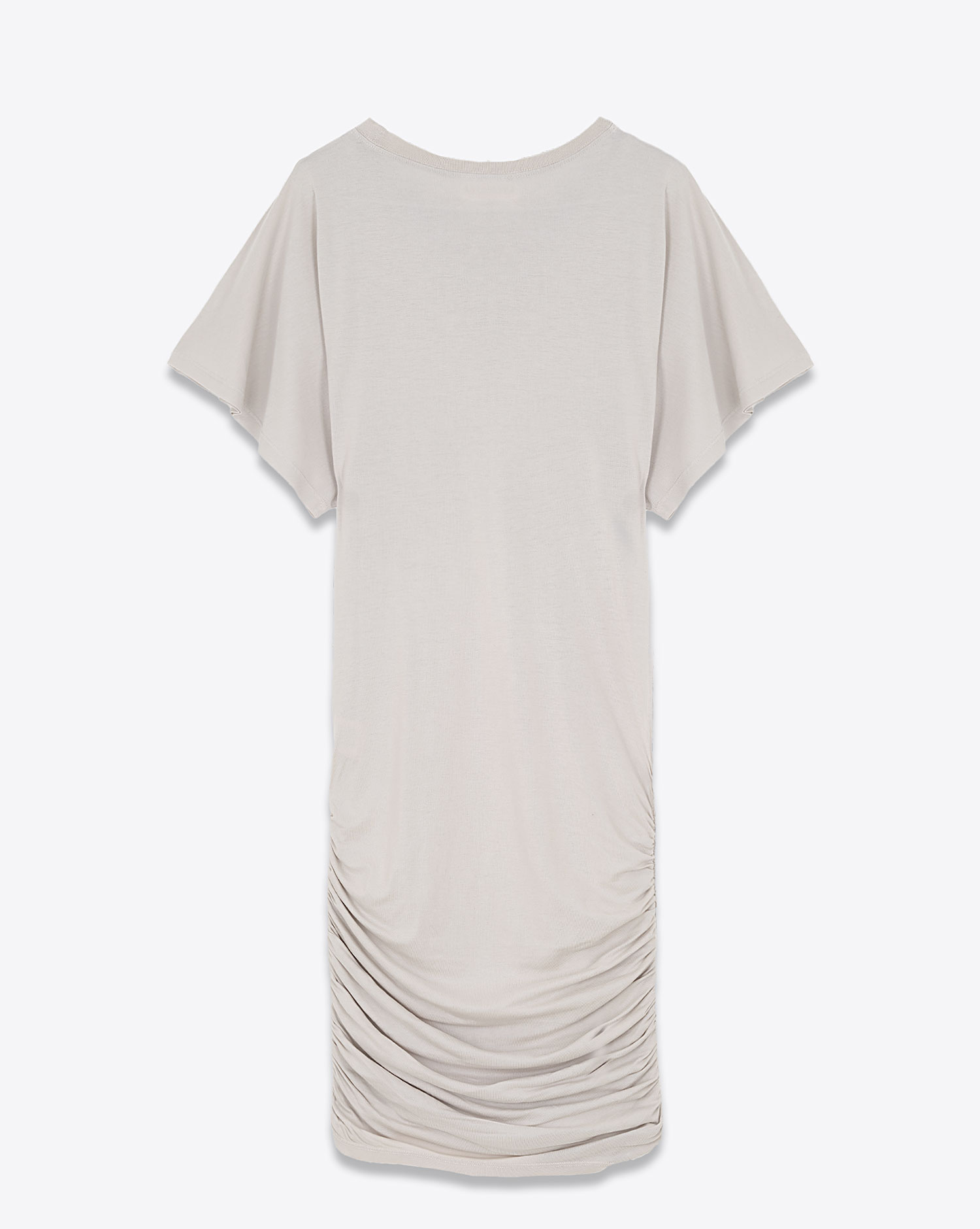 Robe courte drapée sur les hanches manches courtes pagode col rond en lyocell et coton gris clair Mikuta. Dos.