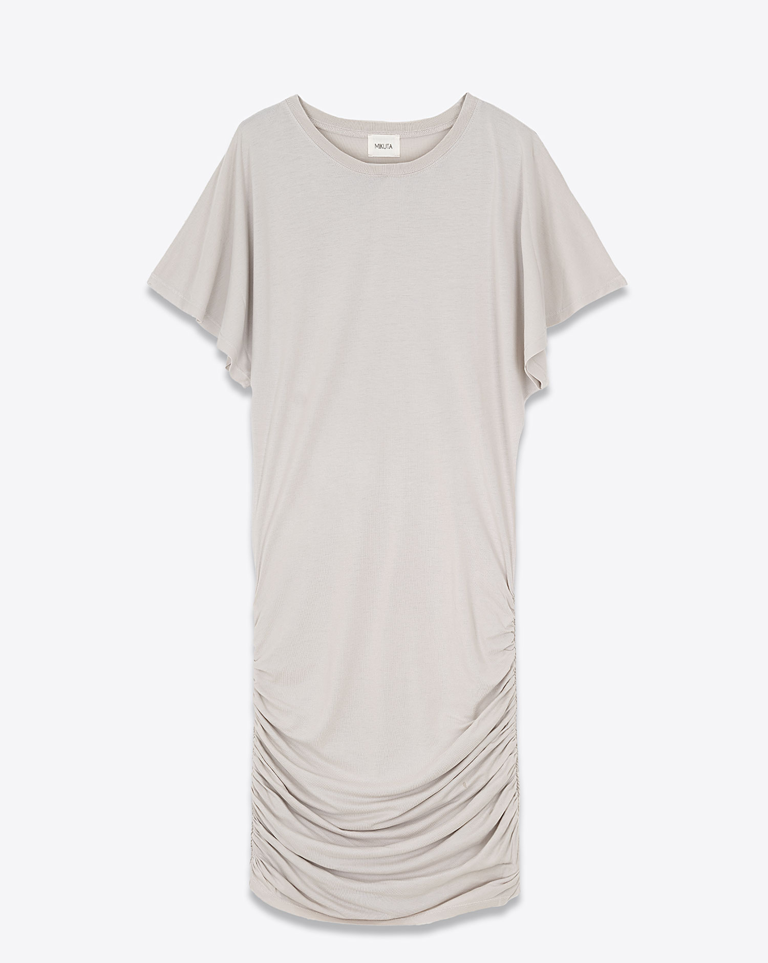 Produit Robe courte drapée sur les hanches manches courtes pagode col rond en lyocell et coton gris clair Mikuta. Face.