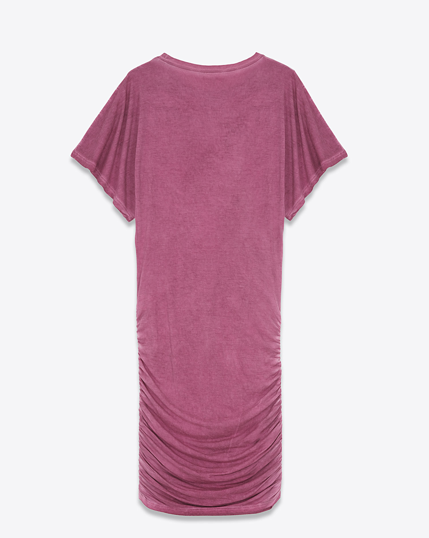 Robe courte drapée sur les hanches manches pagode lyocell et coton rose délavé Mikuta. Dos.