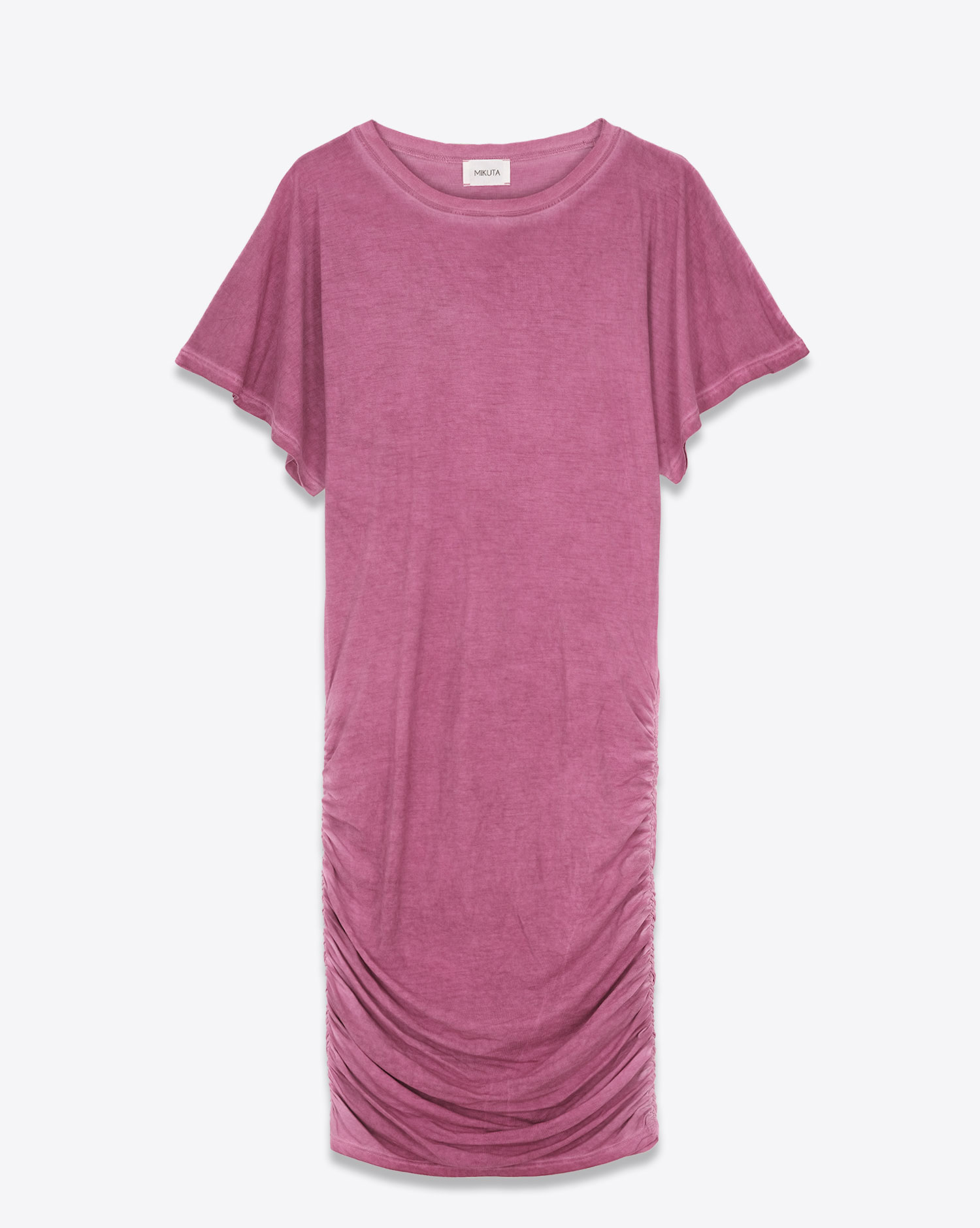 Produit Robe courte drapée sur les hanches manches pagode lyocell et coton rose délavé Mikuta. Face.