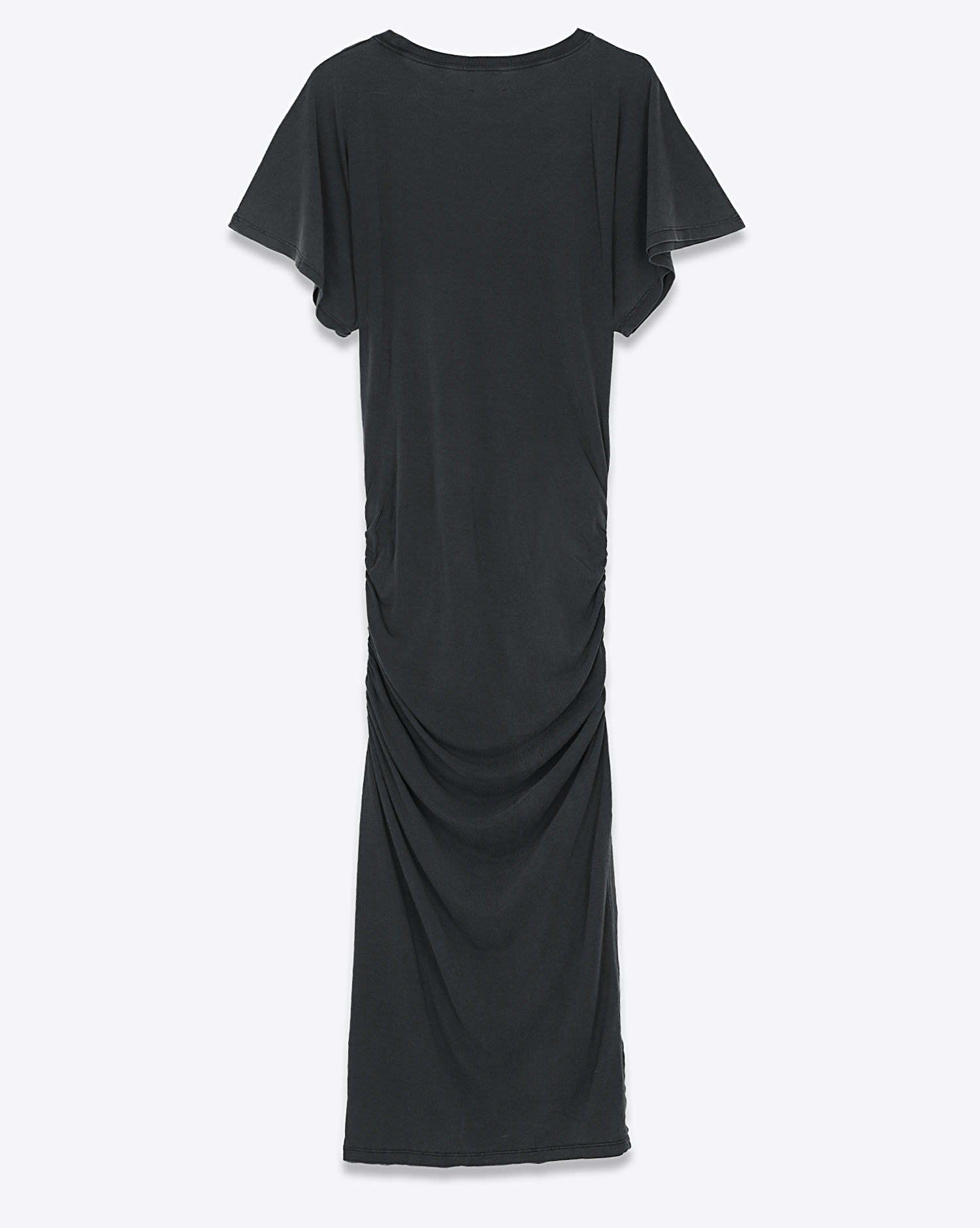 Robe longue à la cheville manches courtes pagode col rond et fente sur le côté drapée à la taille en lyocell et coton noir Mikuta. Dos.