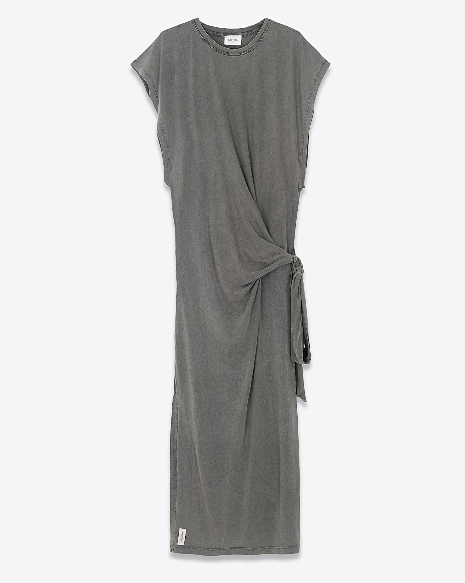 Robe longue nouée sur le côté manches chauve-souris en lyocell et coton anthracite Batwing Mikuta. Face.