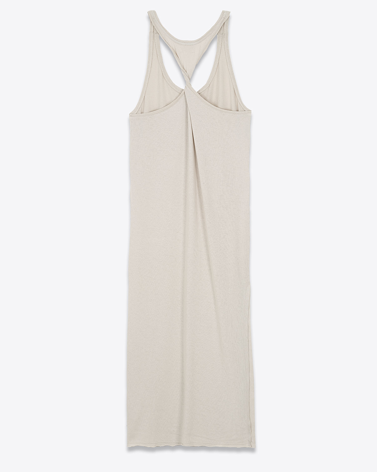 Robe longue emmanchure américaine dos torsadé en coton crème fente sur le côté Mikuta. Dos.