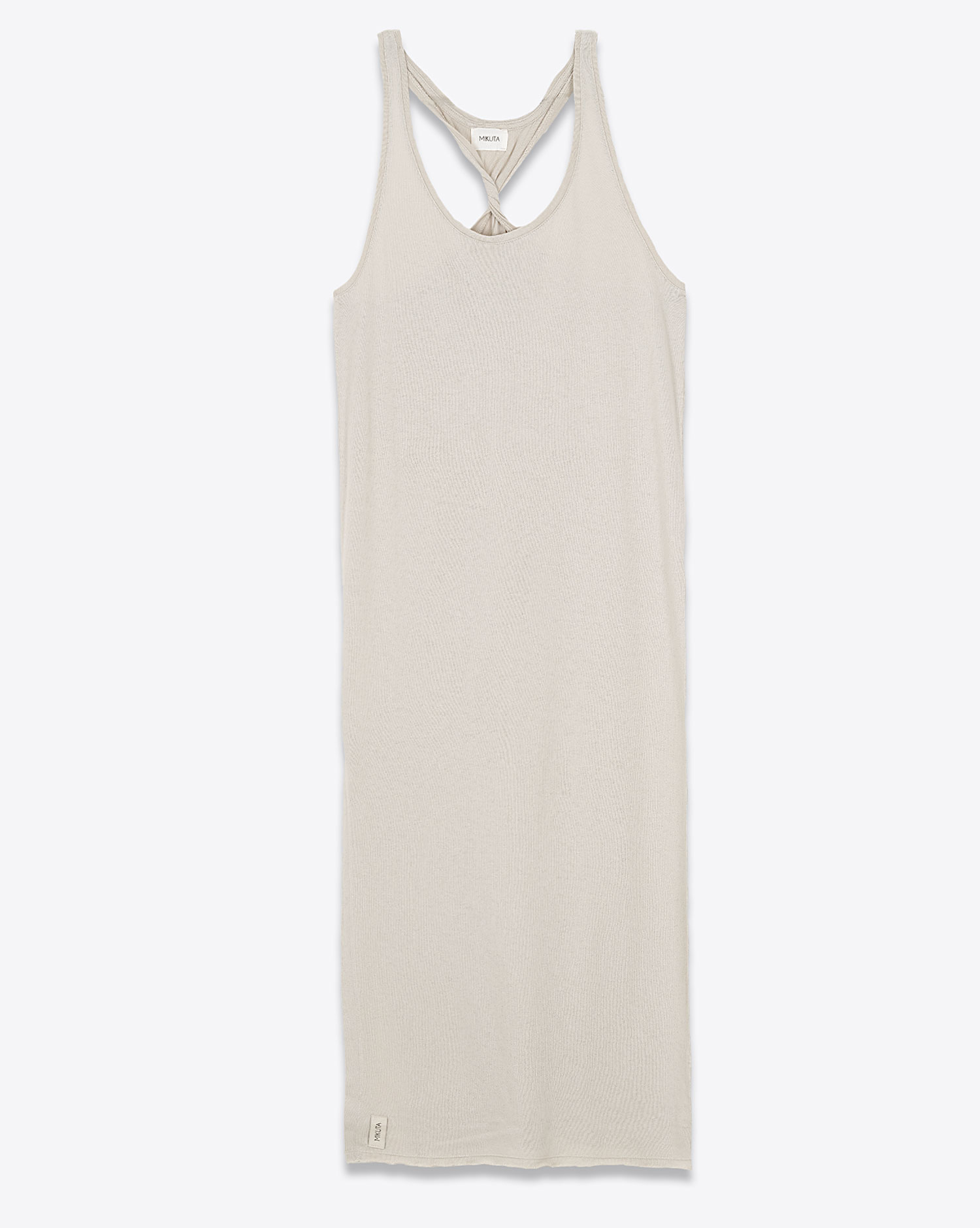 Produit Robe longue emmanchure américaine dos torsadé en coton crème fente sur le côté Mikuta. Face.