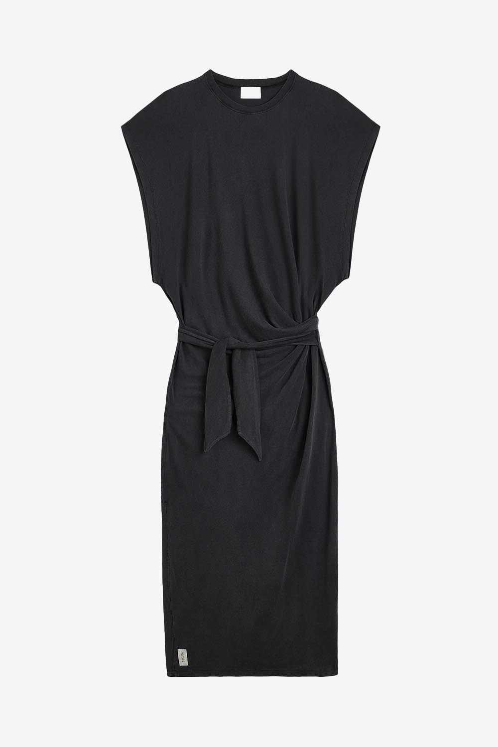 Robe longue manches chauve-souris à nouer à la taille ou sur le côté en Lyocell et coton fluide noire Mikuta.Face.