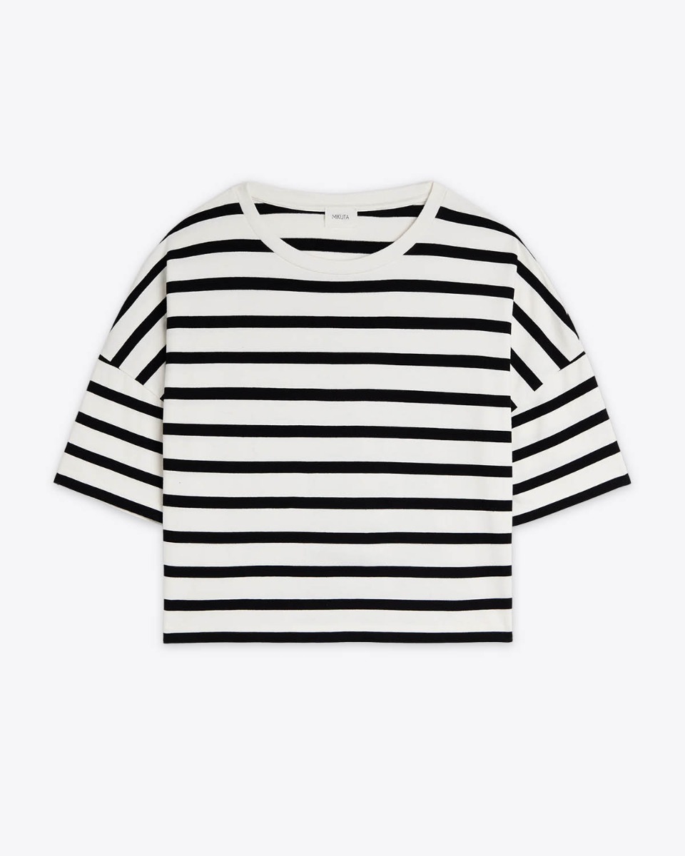 Marini&egrave;re ample &agrave; manches courtes Mikuta en coton ray&eacute; noir et blanc. Vue de face.  