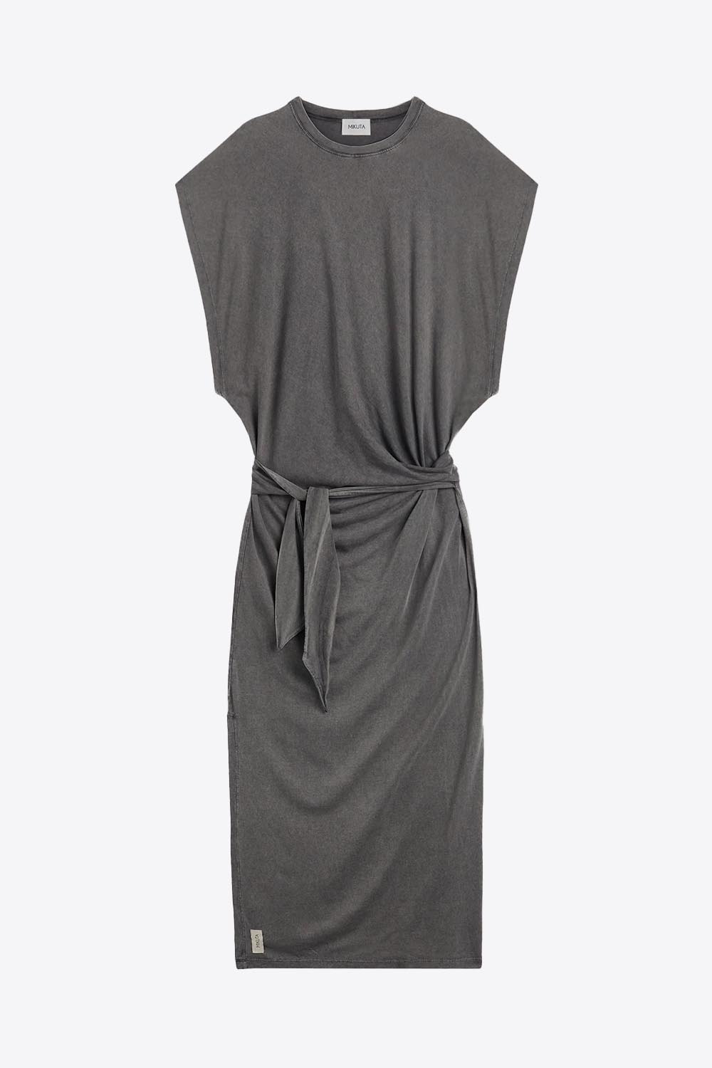 Robe longue à nouer manches chauve-souris en lyocell et coton anthracite Batwing Mikuta. Col rond et fente sur le côté du genoux. Face. 