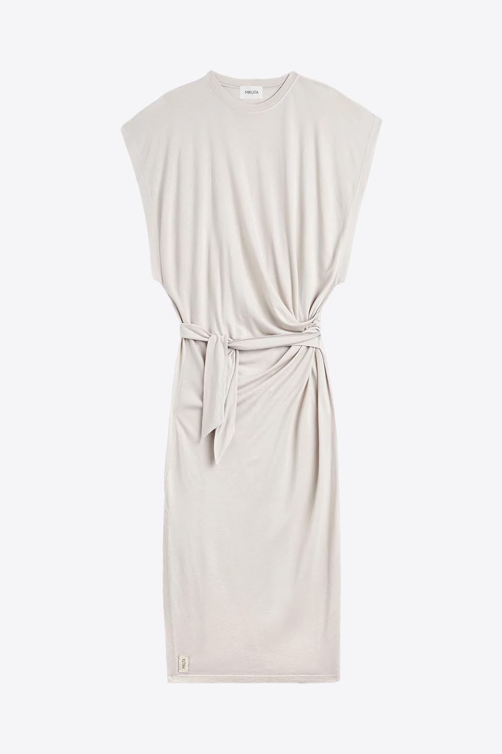 Robe longue à nouer manches chauve-souris en lyocell et coton fluide gris clair Batwing Mikuta. Face. 