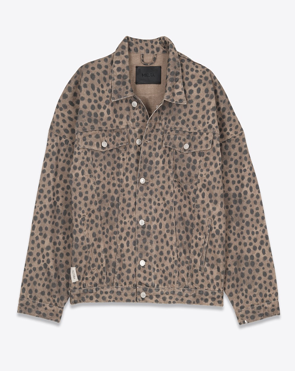 Veste en jean Mikuta en coton imprim&eacute; l&eacute;opard marron. Vue de face.