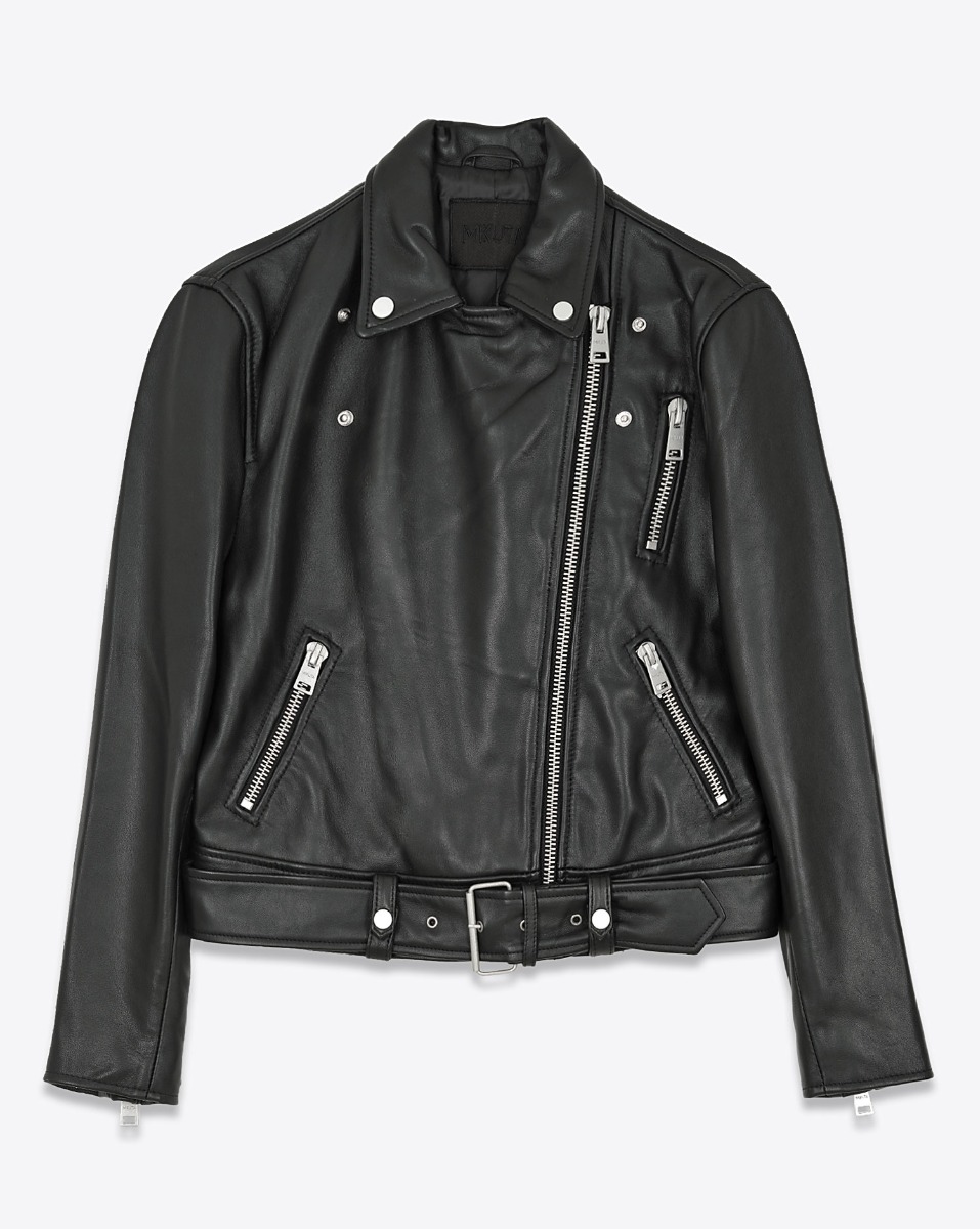 Veste Perfecto Mikuta en cuir noir. Vue de face ferm&eacute;e.