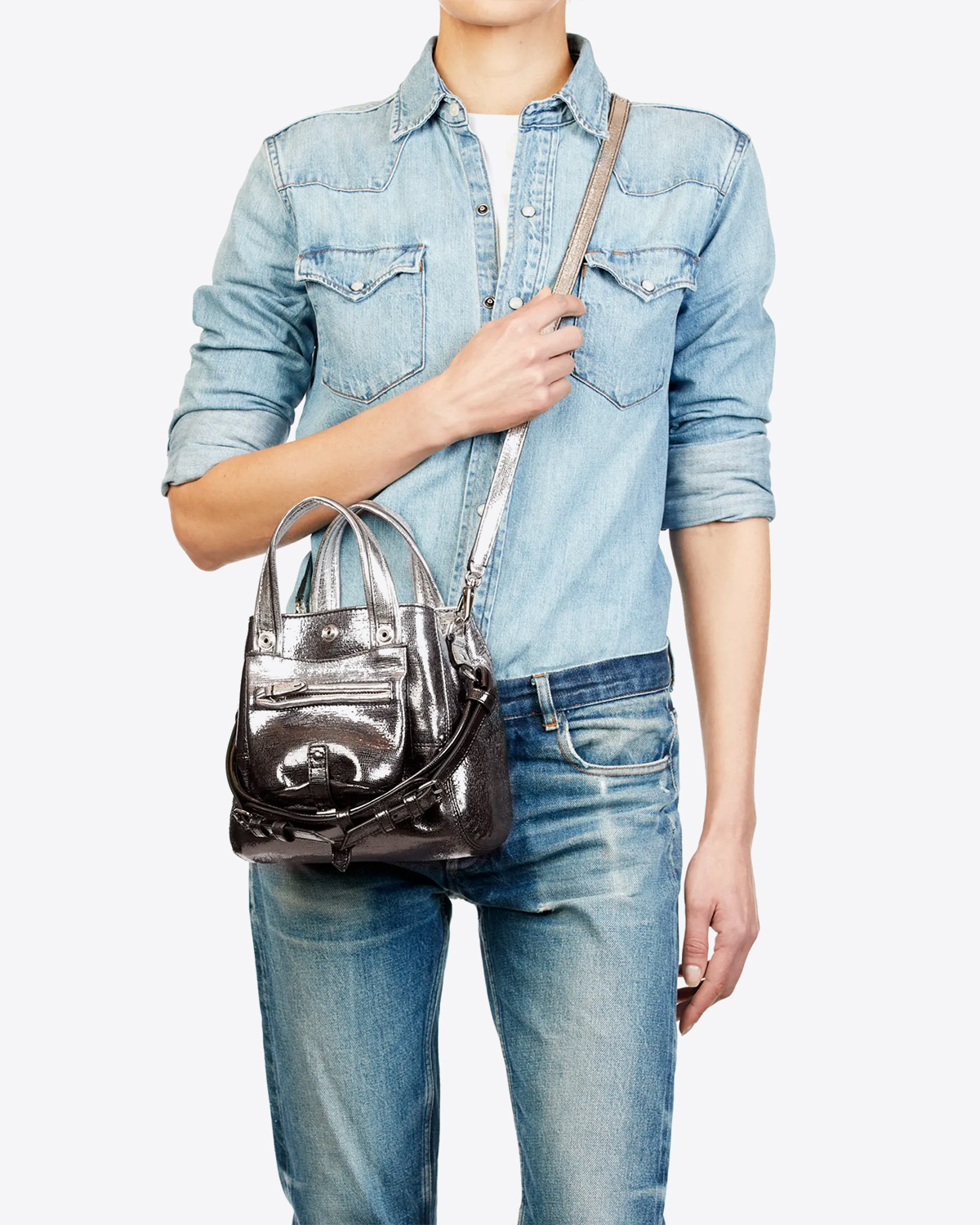 Mini-sac Billy Nano J&eacute;r&ocirc;me Dreyfuss en cuir de ch&egrave;vre lam&eacute; d&eacute;grad&eacute; noir. Port&eacute; Crossover.