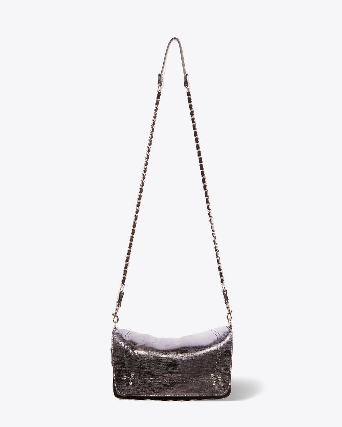 Mini sac Bobi S Jérôme Dreyfuss en cuir de chèvre lamé dégradé noir. Bandoulière chaine et cuir noir.
