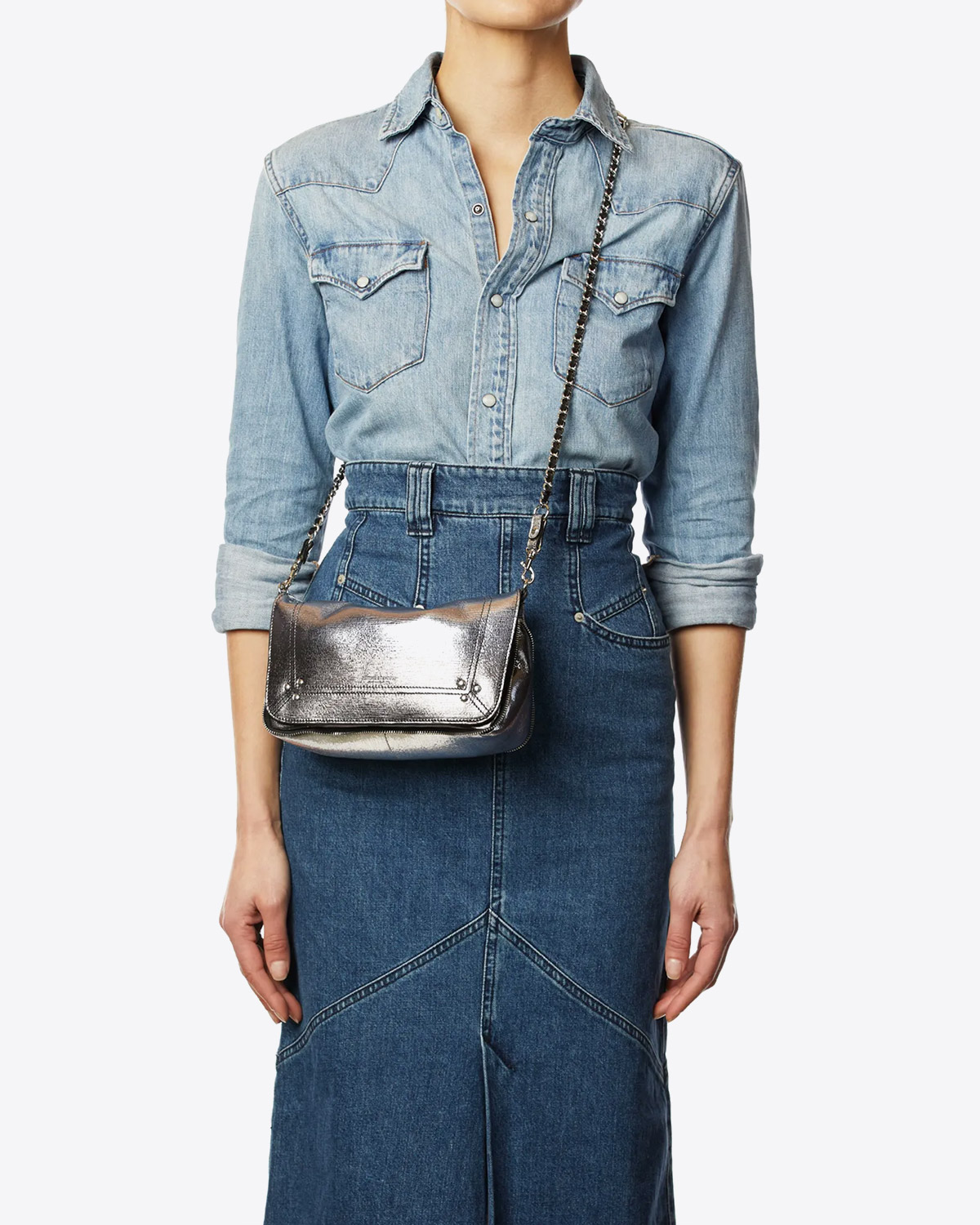 Mini sac Bobi S Jérôme Dreyfuss en cuir de chèvre lamé dégradé noir. Porté Crossover.