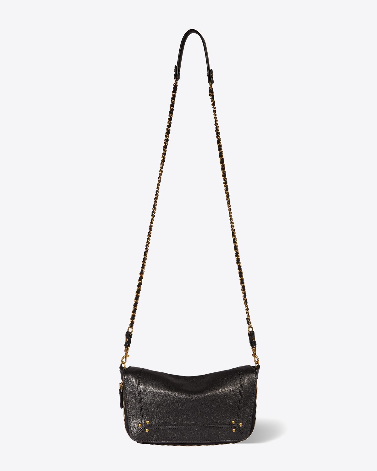 Mini-sac Bobi S Jérôme Dreyfuss en cuir de chèvre noir. Bandoulière chaine laiton doré et cuir noir.