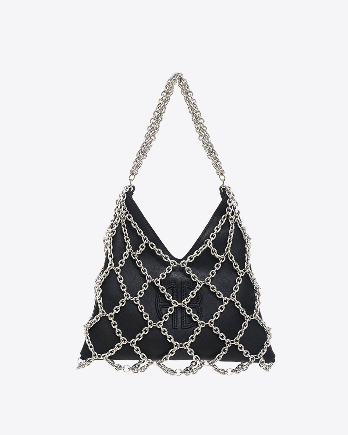 Mini-sac en cuir noir avec chaines argents Gaia Anine Bing. Face logo embossé AB. 