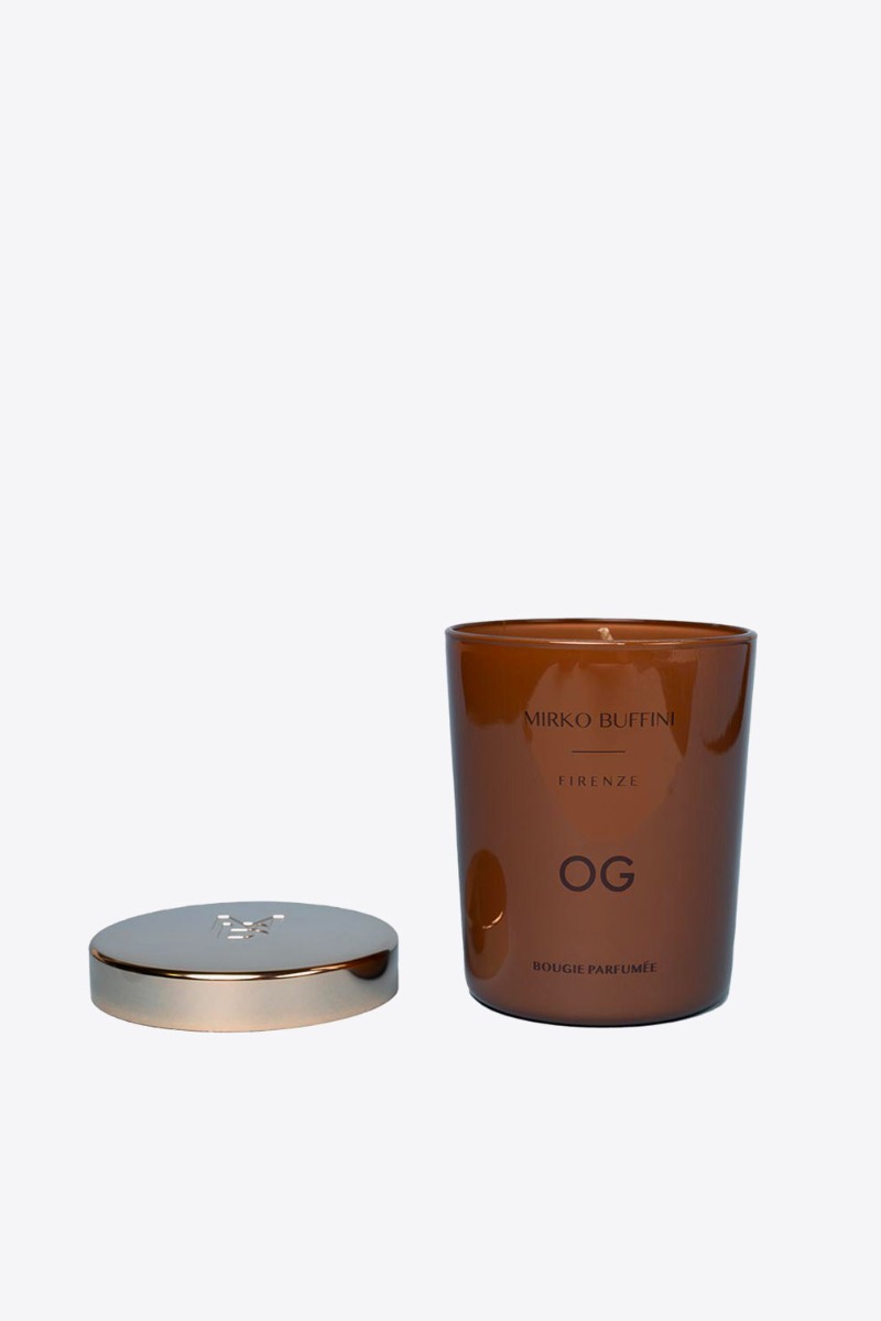 Bougie parfumée OG Mirko Buffini Firenze. Vue du verre avec son couvercle en métal gravé. 
