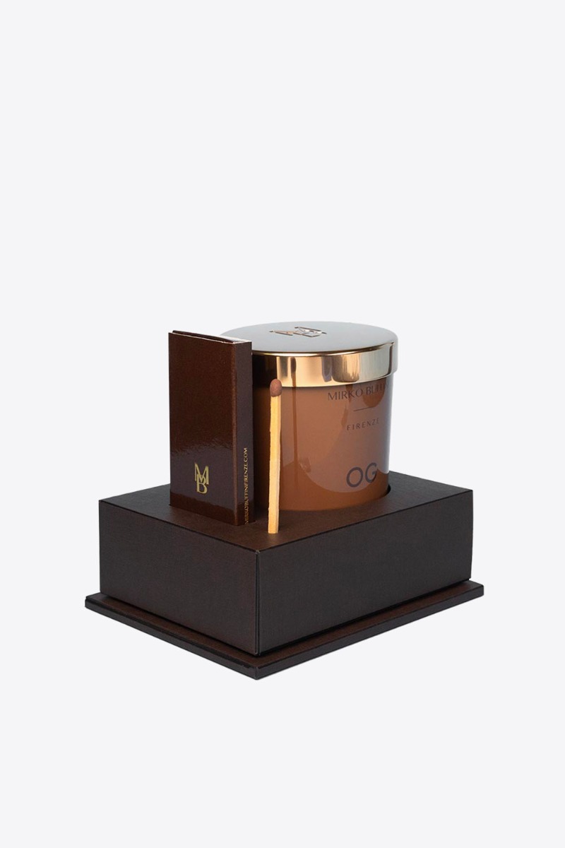 Bougie parfumée OG Mirko Buffini Firenze. Présentation avec sa boîte d'allumettes.