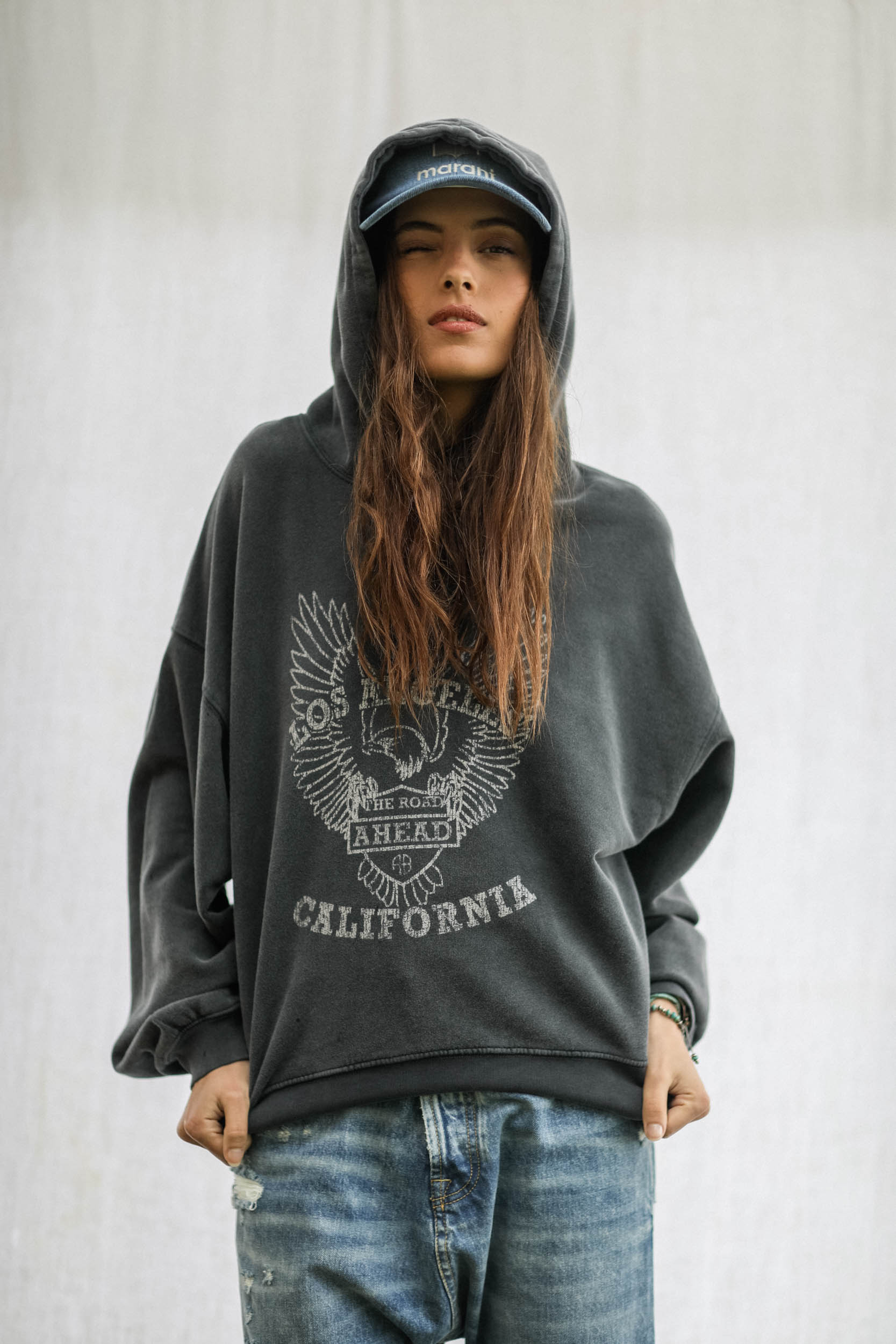 Anine Bing Hoodie Alec White Eagle – Washed Black