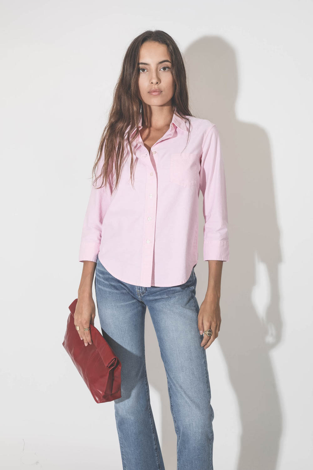 Chemise près du corps manches 3/4 en coton rose Adrienne Denimist. 