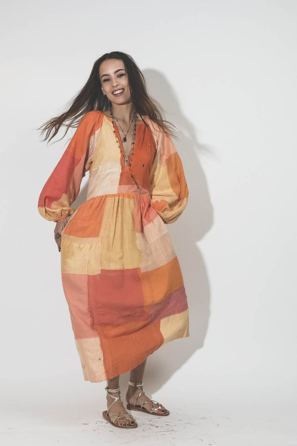 Robe longue patchwork orange Celeste Sari Dress Alix of Bohemian.  