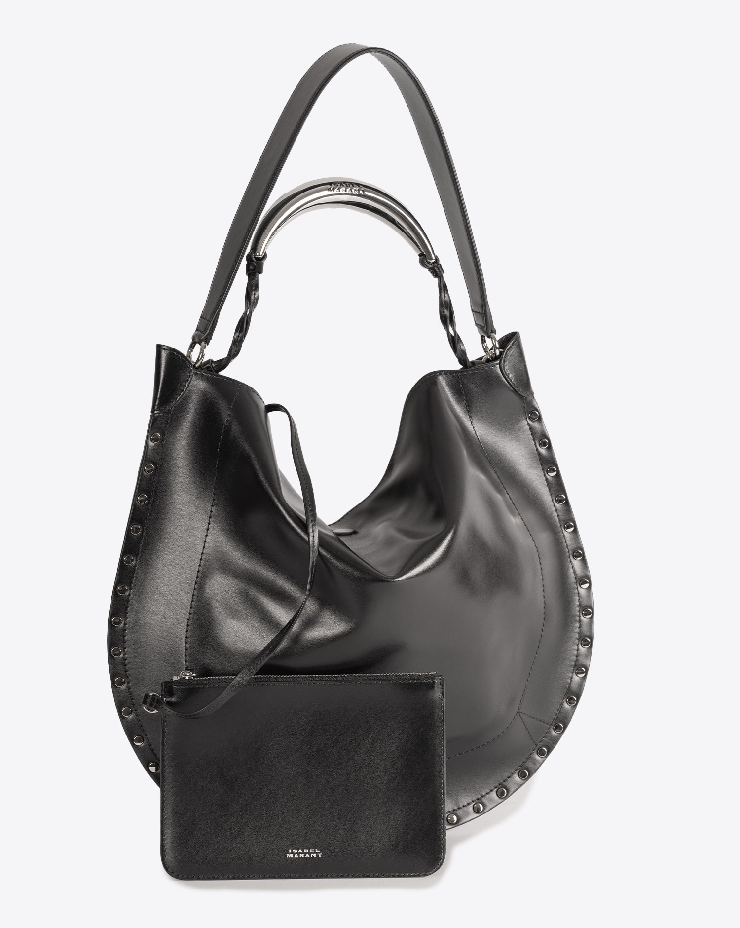Produit Sac besace Oskan Hobo Soft Isabel Marant en cuir lisse noir. Vue face avec pochette.