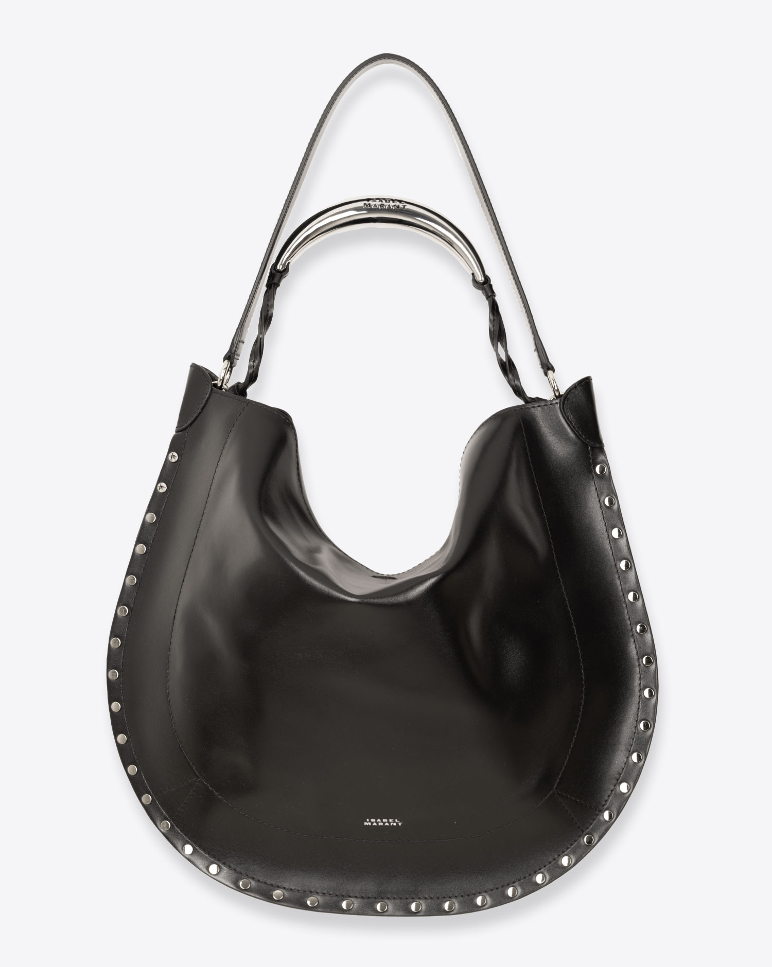 Produit Sac besace Oskan Hobo Soft Isabel Marant en cuir lisse noir. Vue face.
