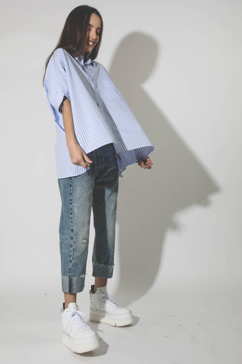 Oversized Boxy Button Up Shirt - Light Blue Wide