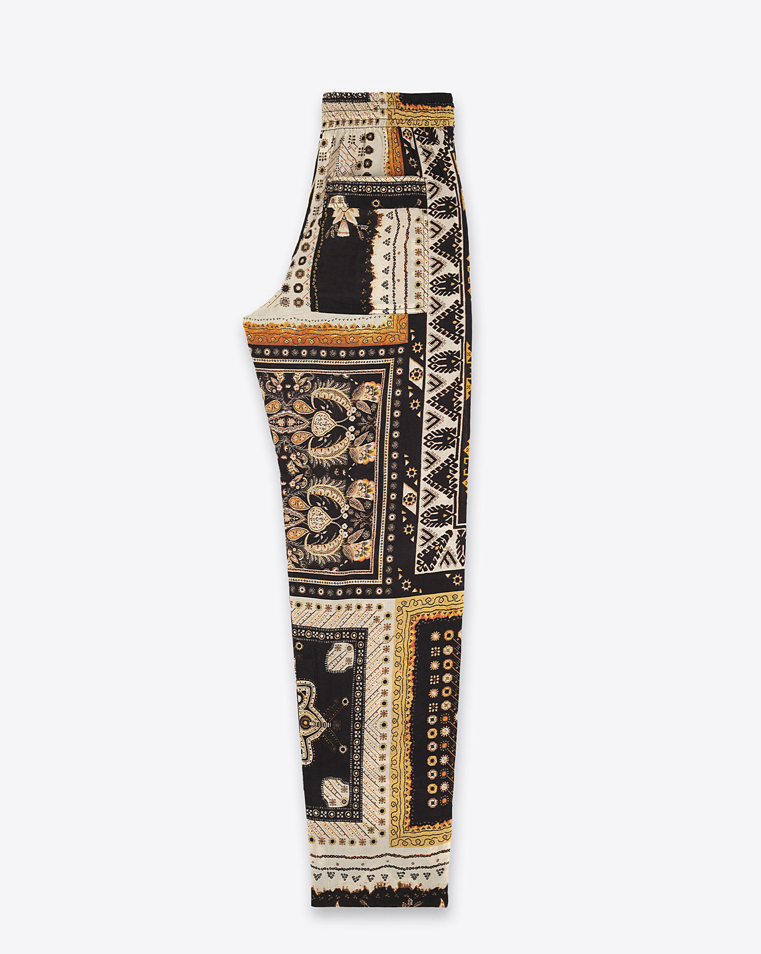 Produit Pantalon Fedora Isabel Marant Etoile en coton à motifs noirs et ochre. Vue profil. 