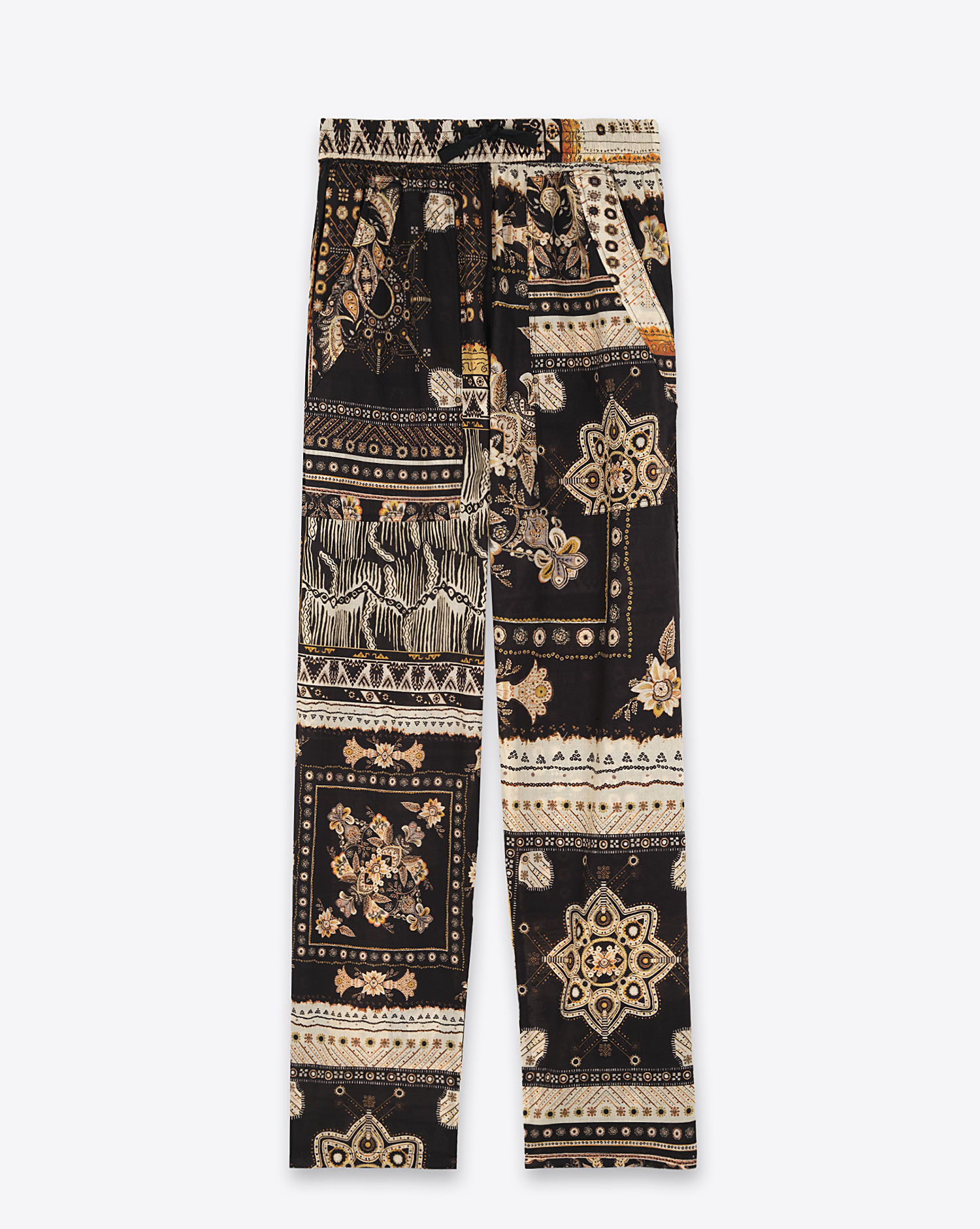 Produit Pantalon Fedora Isabel Marant Etoile en coton à motifs noirs et ochre. Vue face. 
