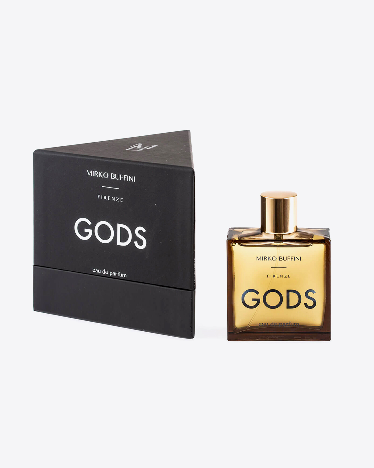 Parfum Gods Mirko Buffini. Flacon de 100 ml vendu avec sa boite triangulaire noire. Collection Black.