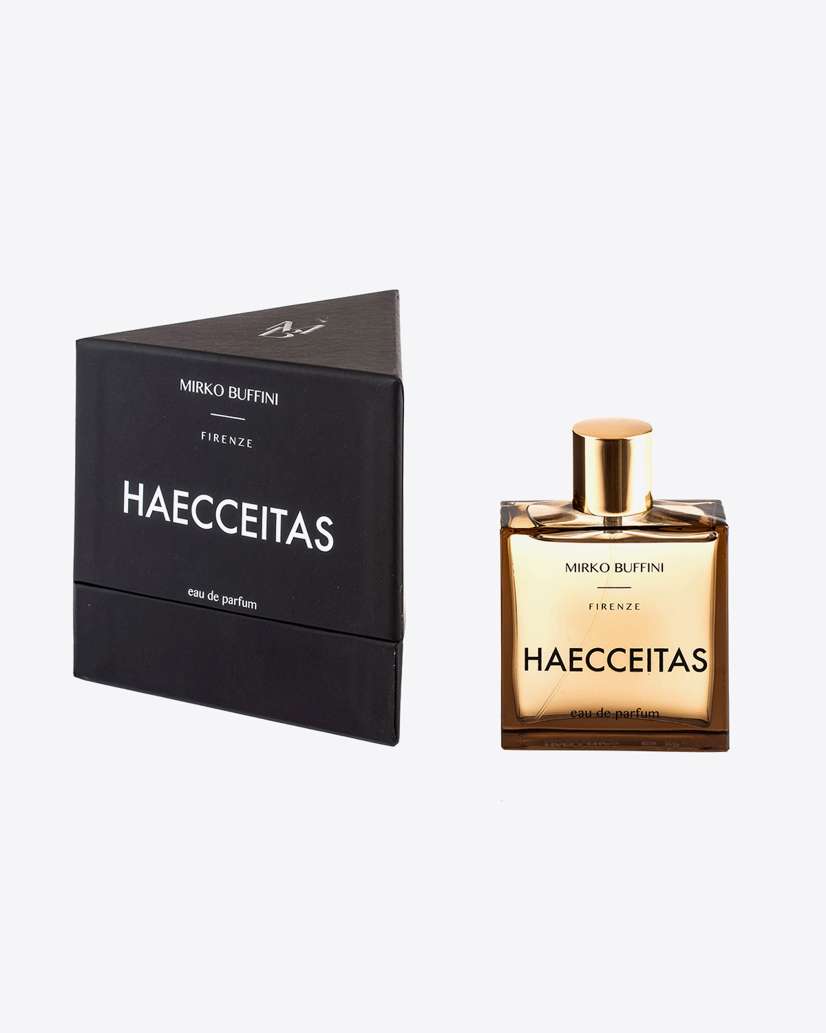 Parfum Haecceitas Mirko Buffini. Flacon 100 ml vendu avec sa boite triangulaire noire.