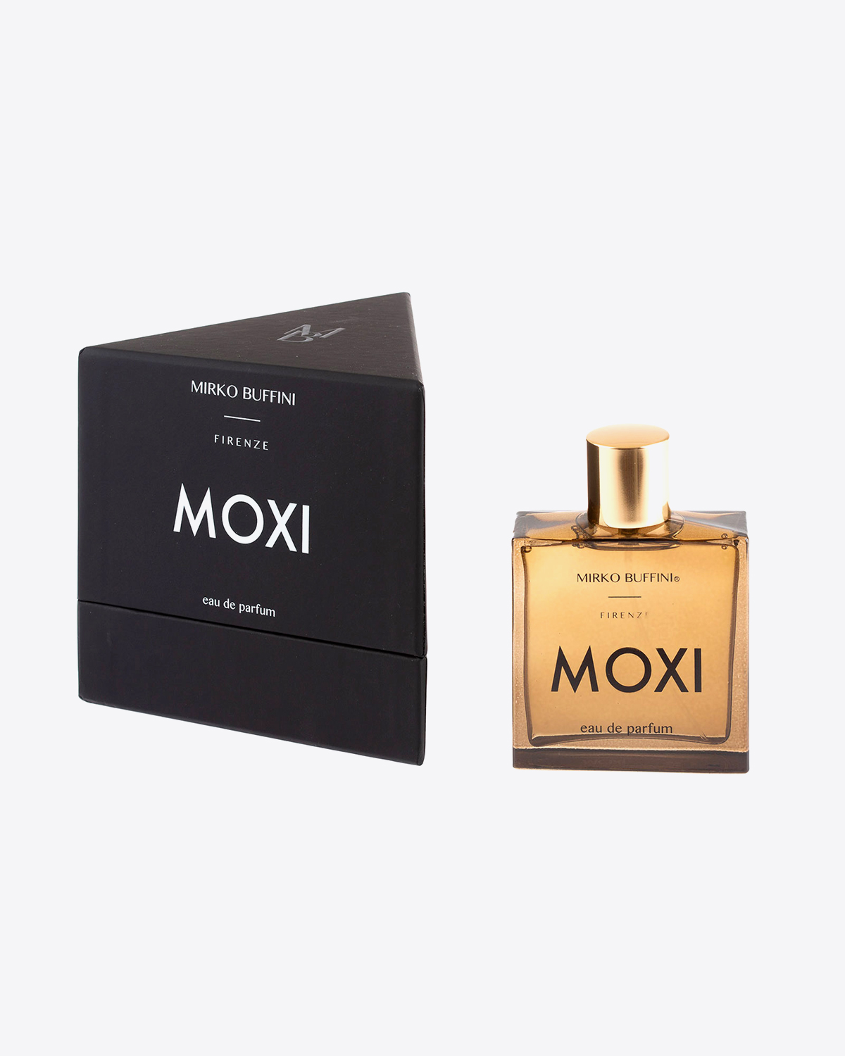 Parfum Moxi Mirko Buffini. Flacon de 30 ml vendu dans sa boite triangulaire noire. Collection Black.