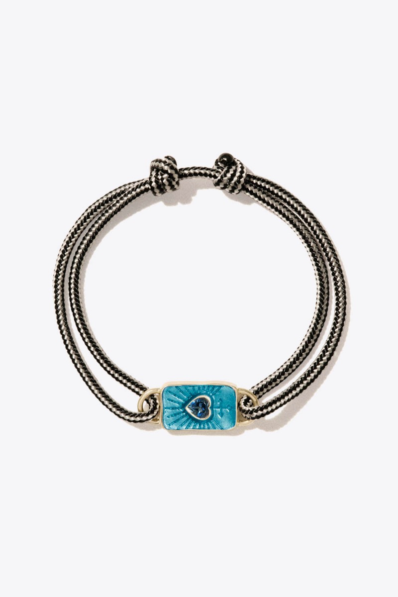 Bracelet Deva Pascale Monvoisin en or jaune, topaze bleu fonc&eacute;, r&eacute;sine sur cordon bicolore ajustable.