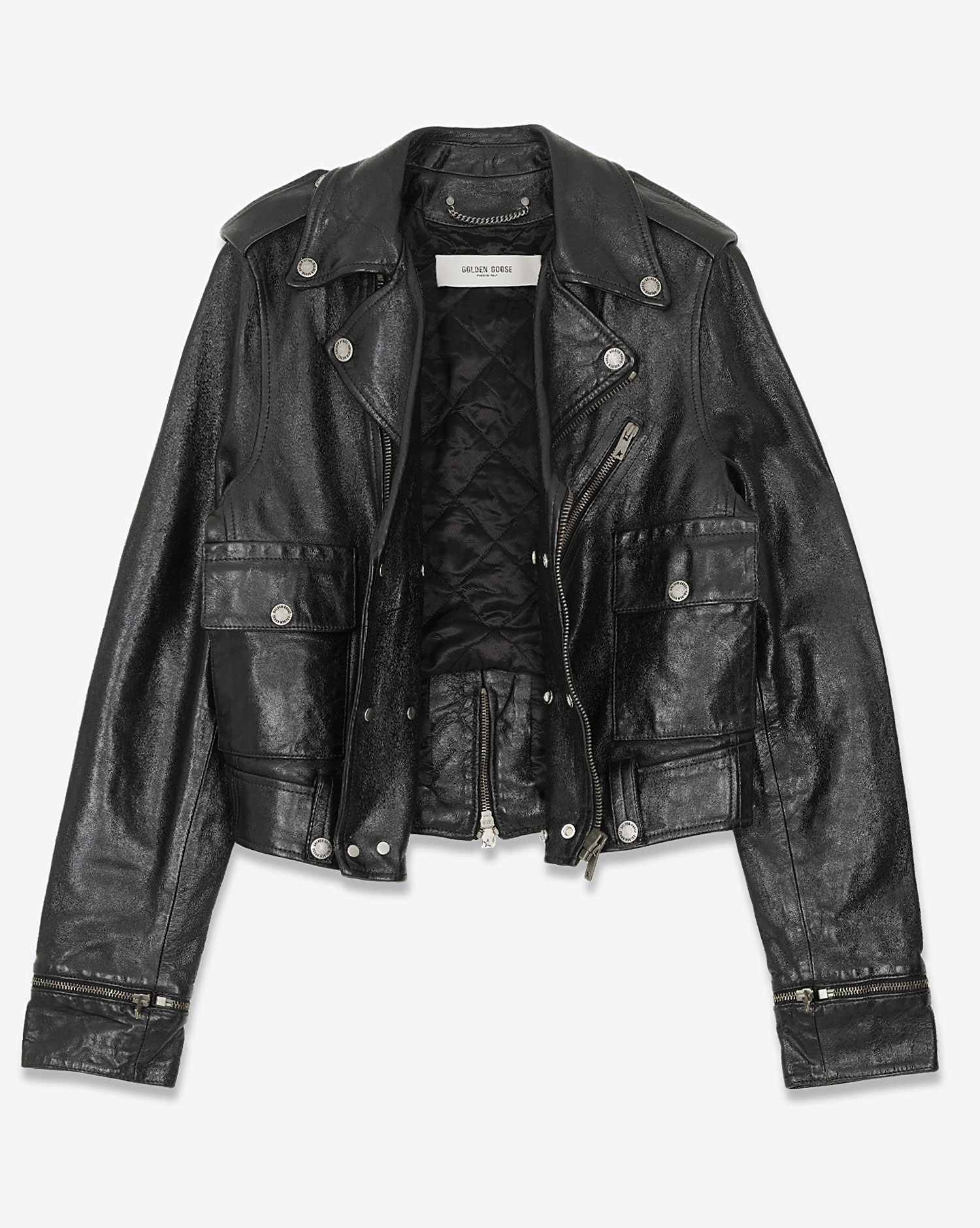 Produit Veste perfecto Nevada Golden Goose en cuir noir. Vue de face ouverte.