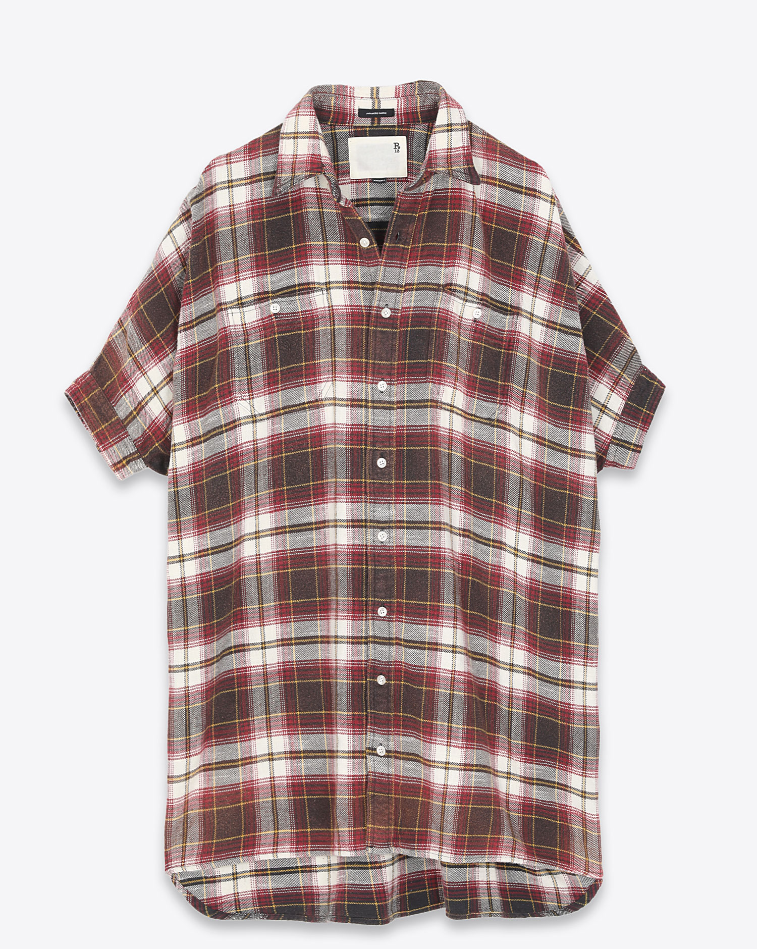 Robe Chemise R13 Denim Plaid Oversized Boxy Ecru/Maroon Plaid