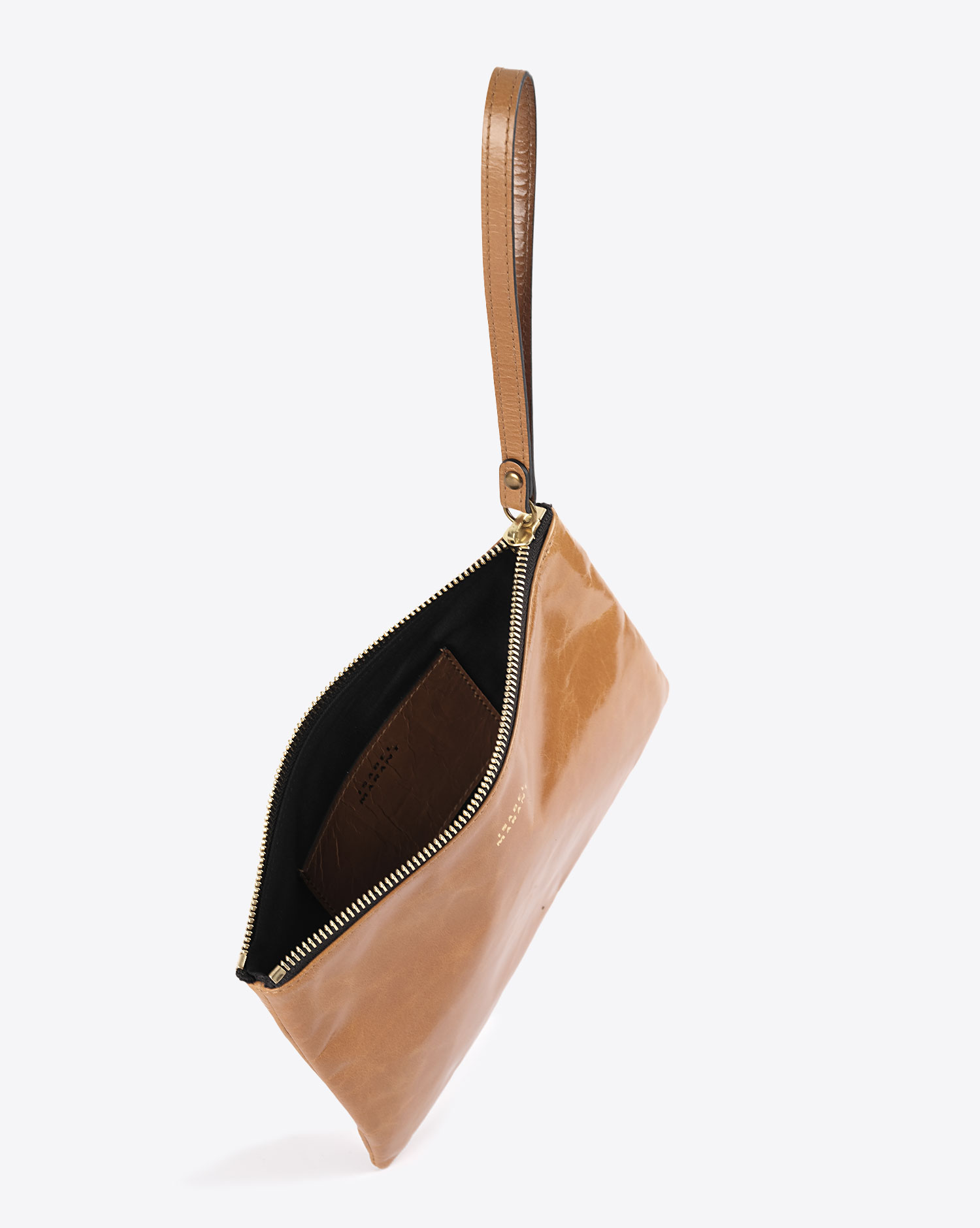 Produit Pochette Mino Isabel Marant en cuir caramel. Vue ouverte. 