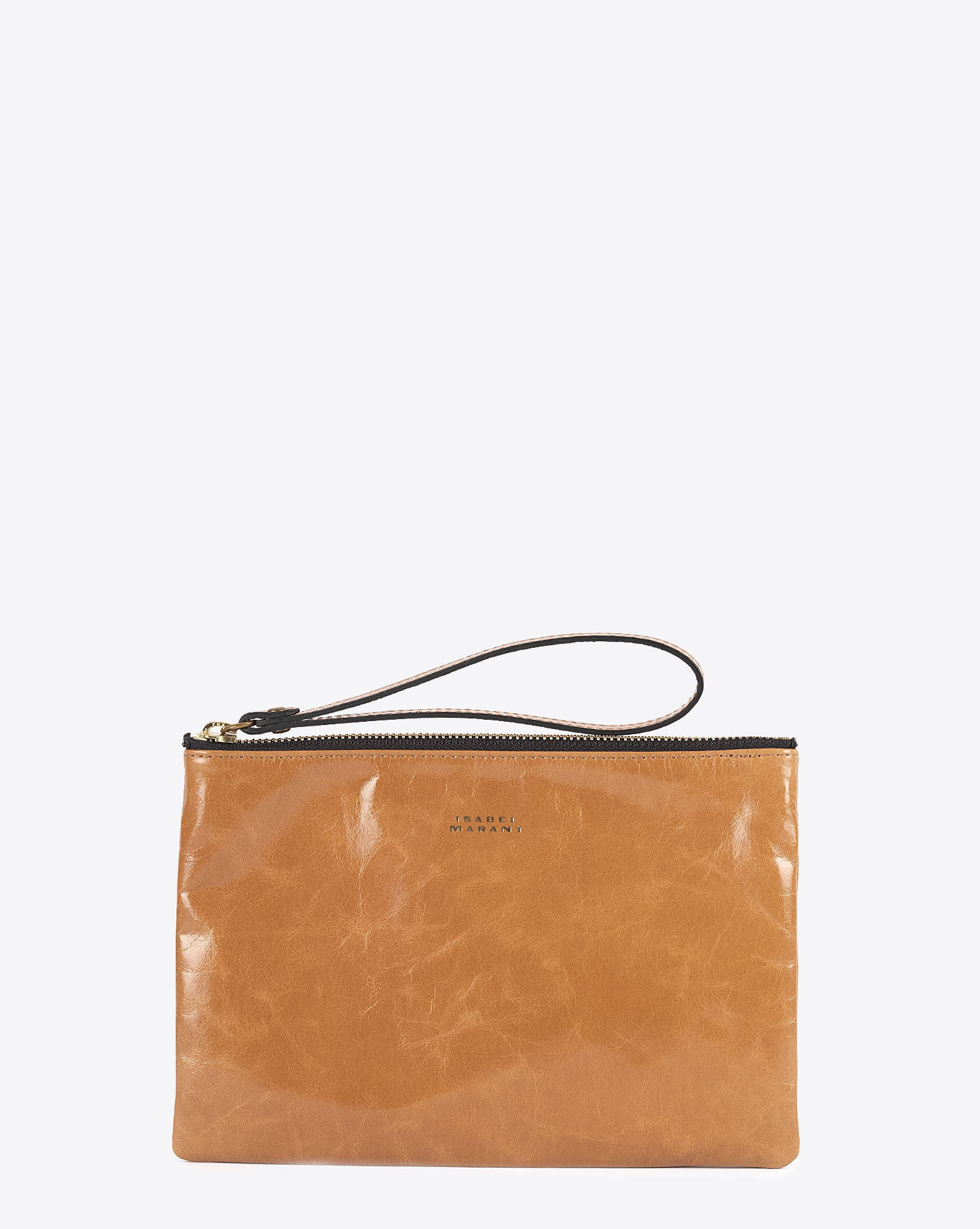 Produit Pochette Mino Isabel Marant en cuir caramel. Vue face. 