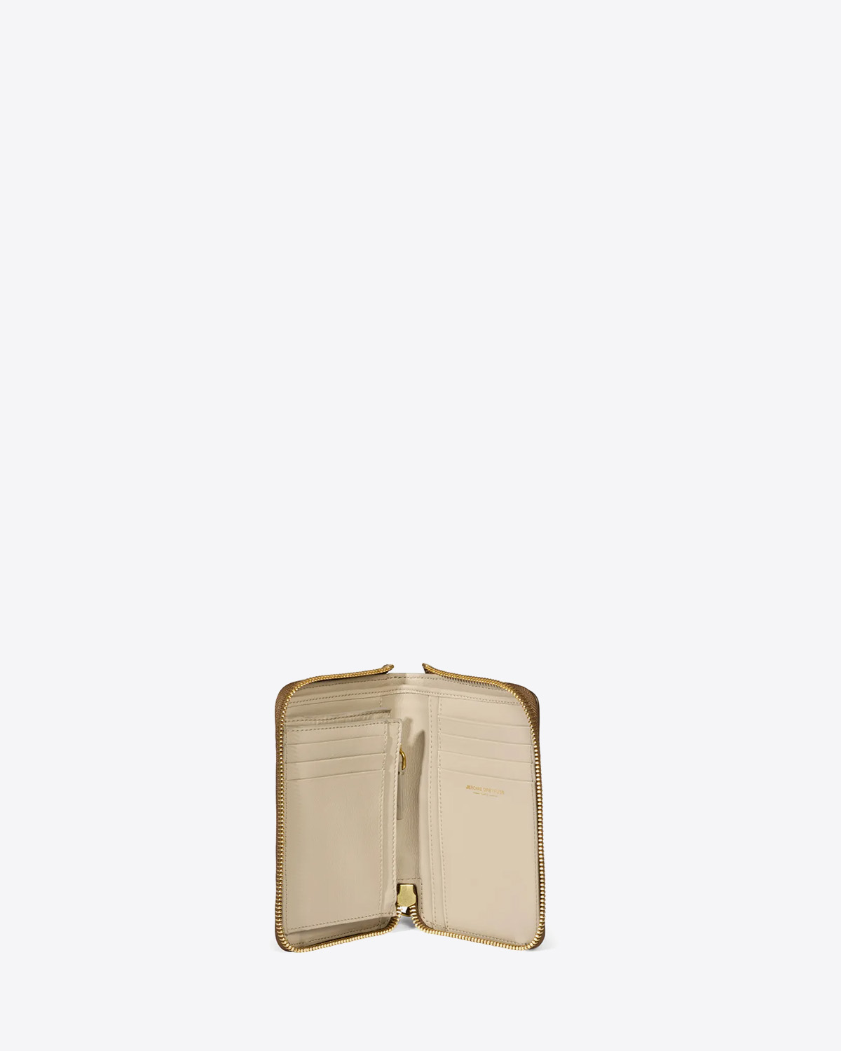 Portefeuille Julien en cuir de chèvre lamé bronze Jérôme Dreyfuss. Détails intérieur. 