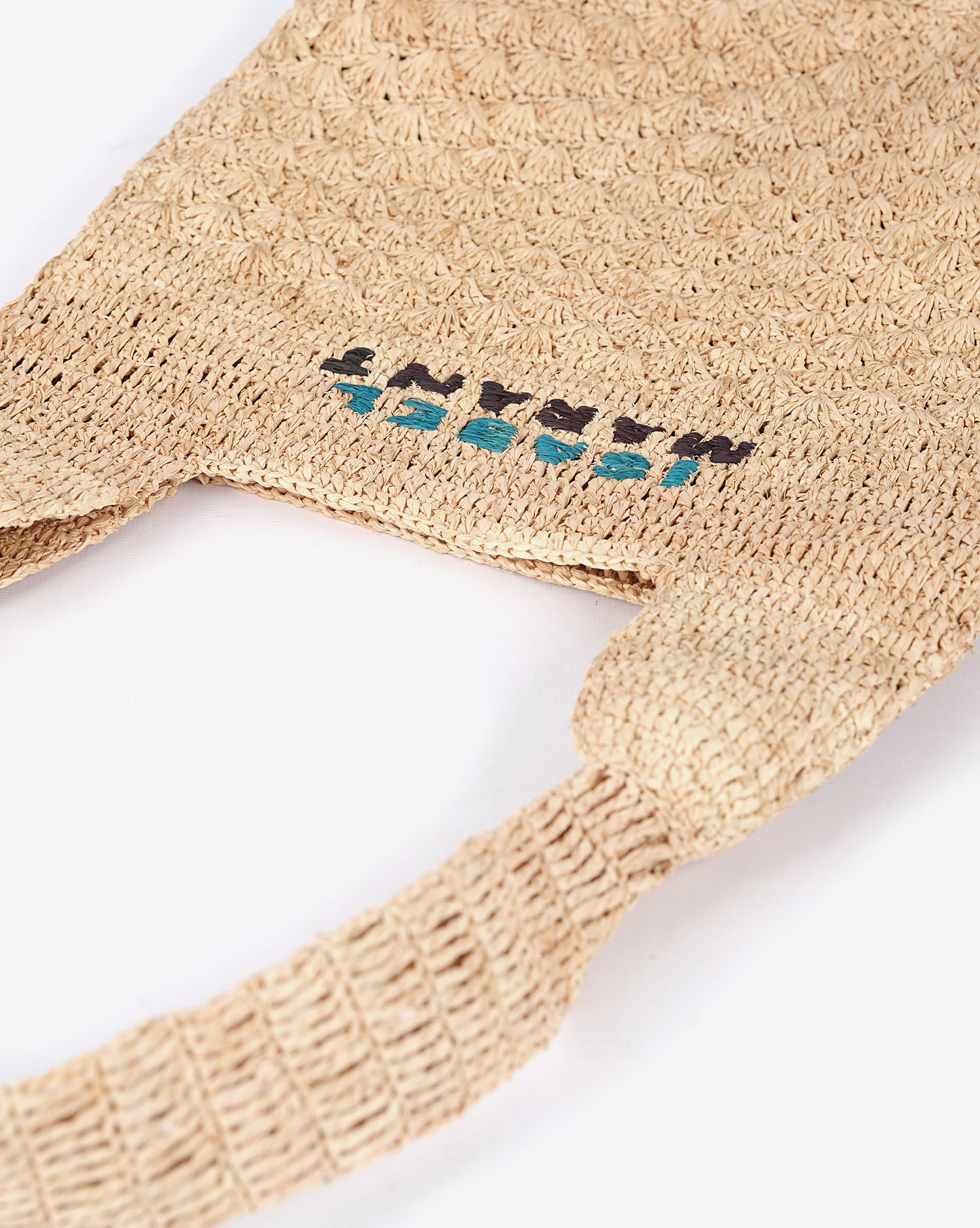 Produit Isabel Marant Sac Praia Medium en raphia Naturel logo brodé Isabel Marant bleu et noir. 