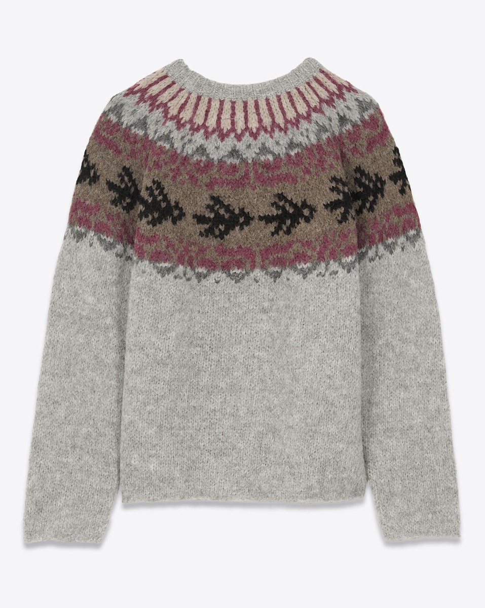 Produit Pull motif péruvien Thibault Van Der Straete en alpaga gris clair, motif beige et violet. Vue de dos. 